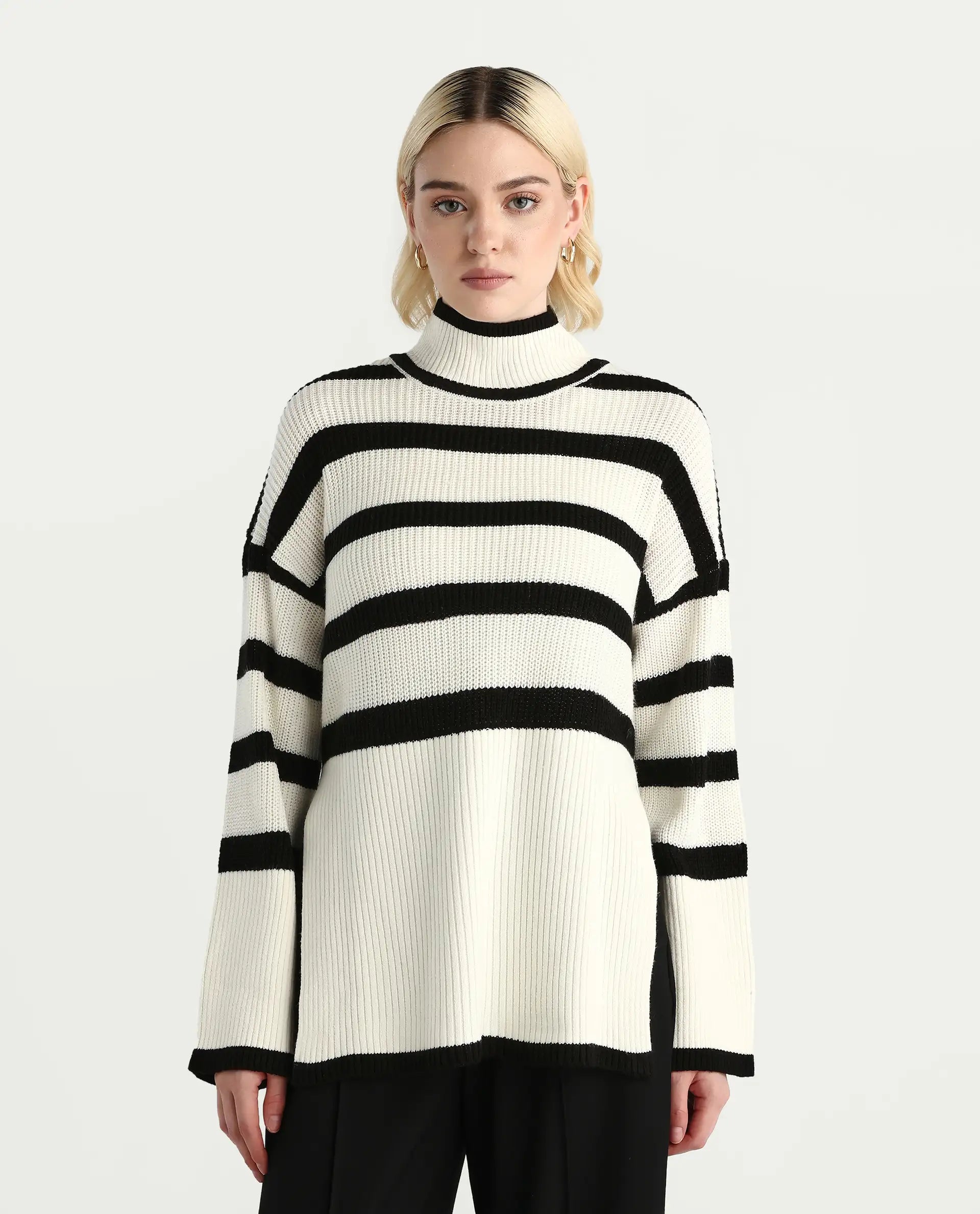 Rareism Women's Titania Black Acrylic High Neck Striped Relaxed Fit Sweater