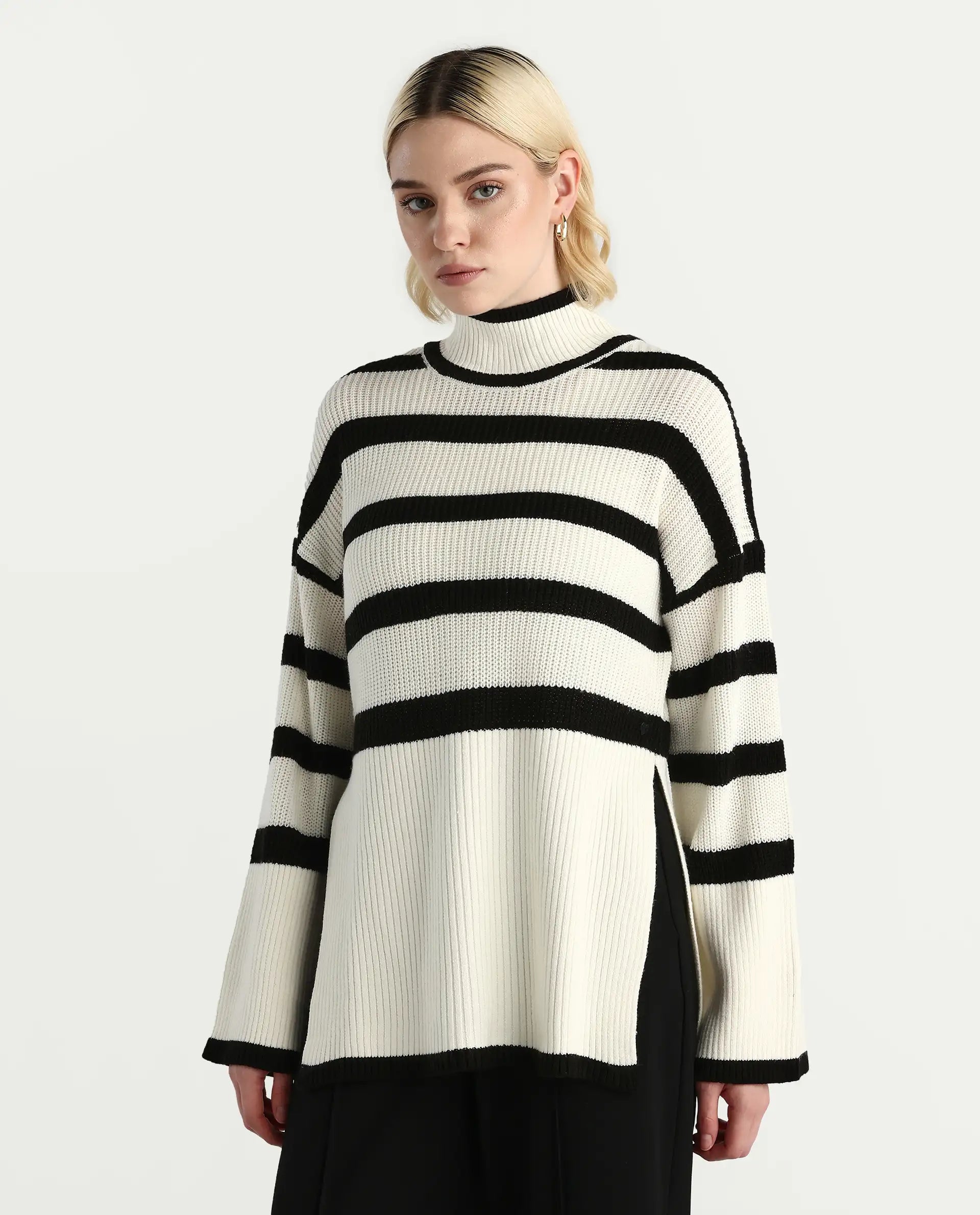 Rareism Women's Titania Black Acrylic High Neck Striped Relaxed Fit Sweater