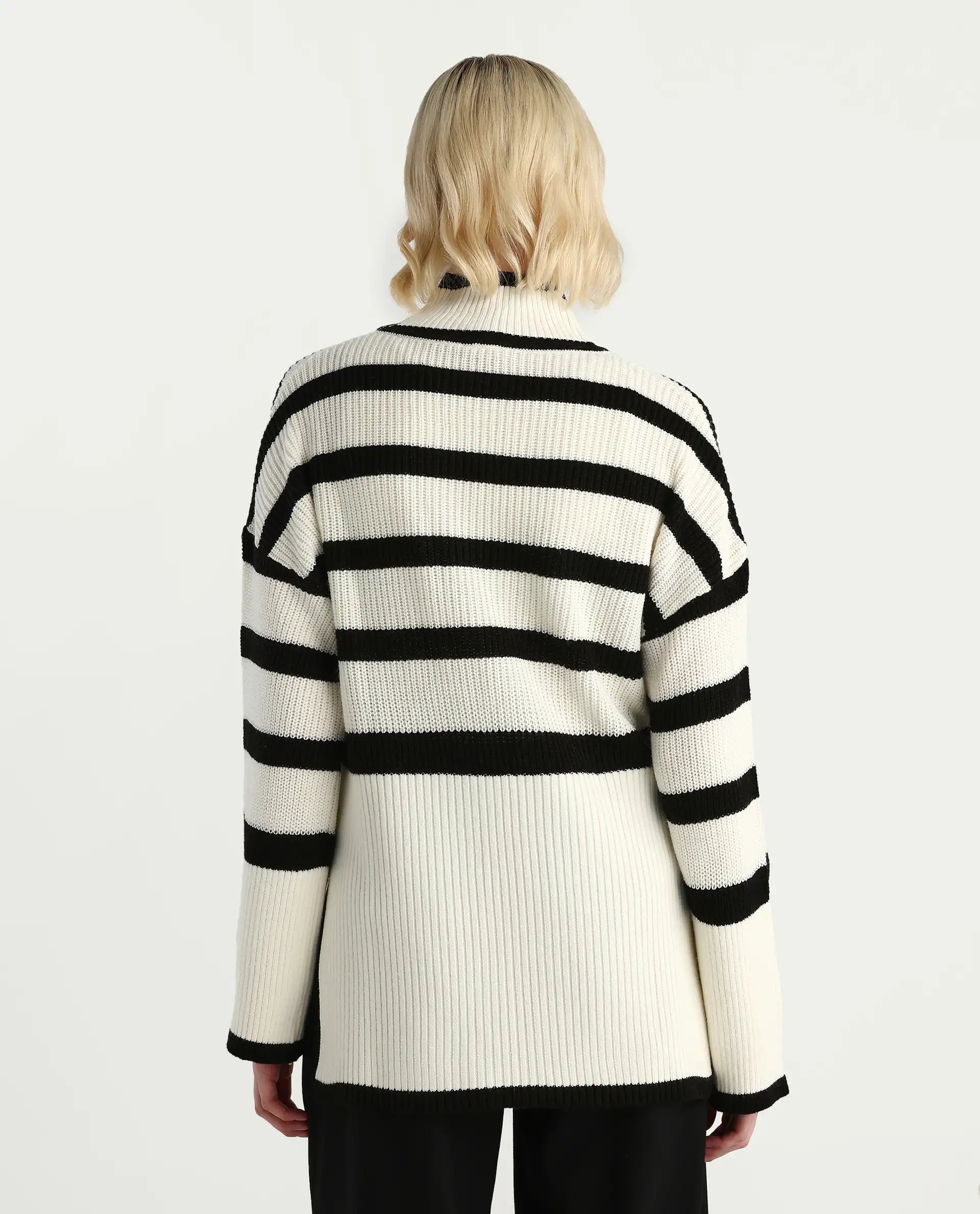 Rareism Women's Titania Black Acrylic High Neck Striped Relaxed Fit Sweater