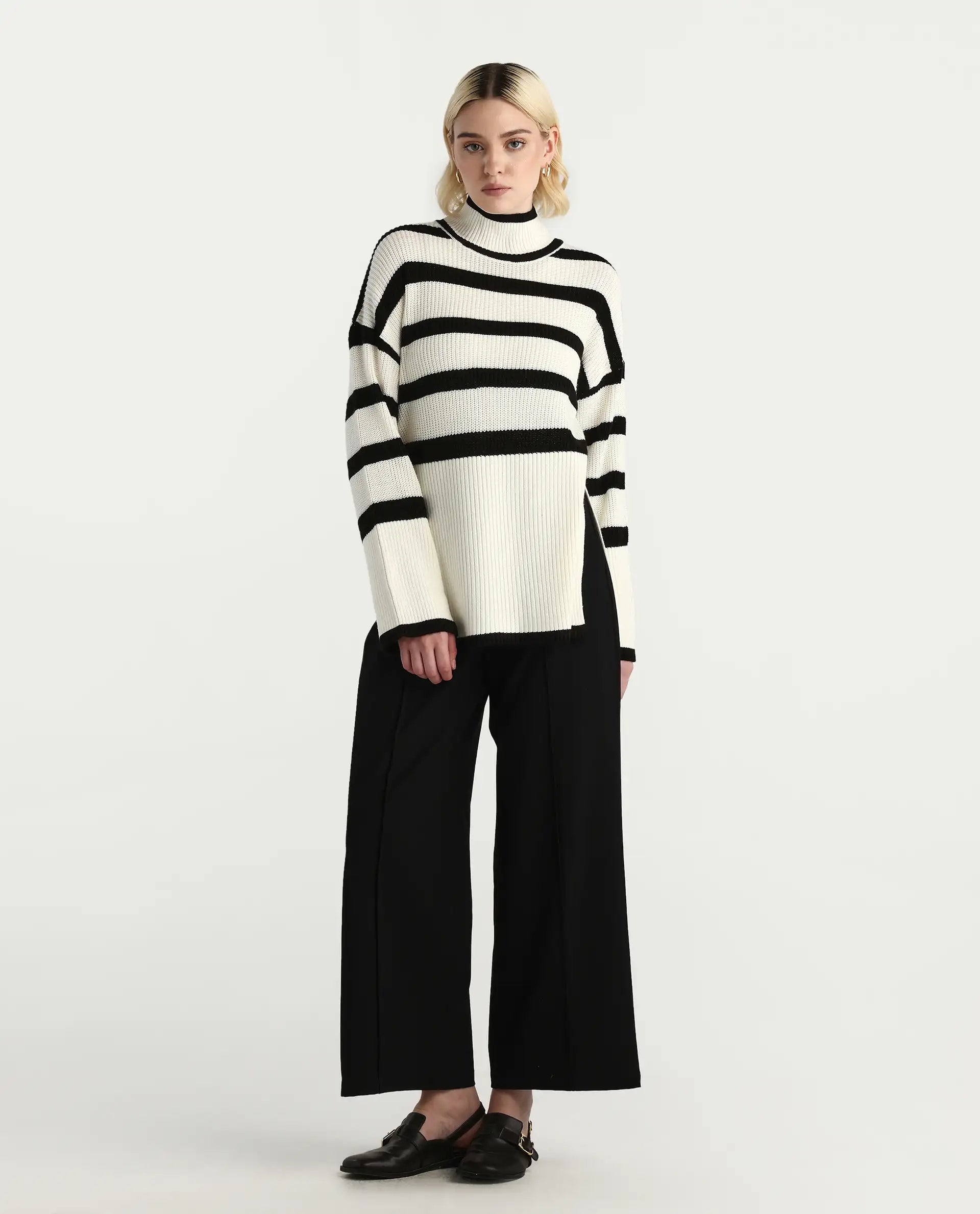Rareism Women's Titania Black Acrylic High Neck Striped Relaxed Fit Sweater