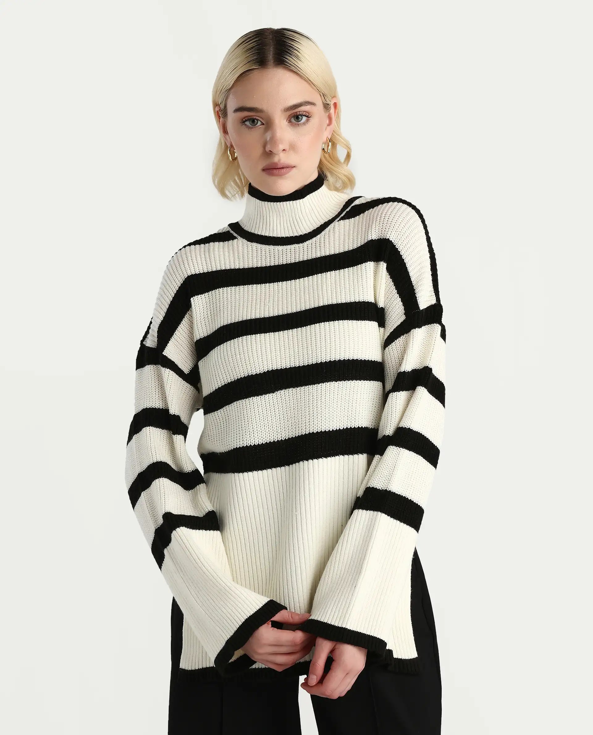 Rareism Women's Titania Black Acrylic High Neck Striped Relaxed Fit Sweater