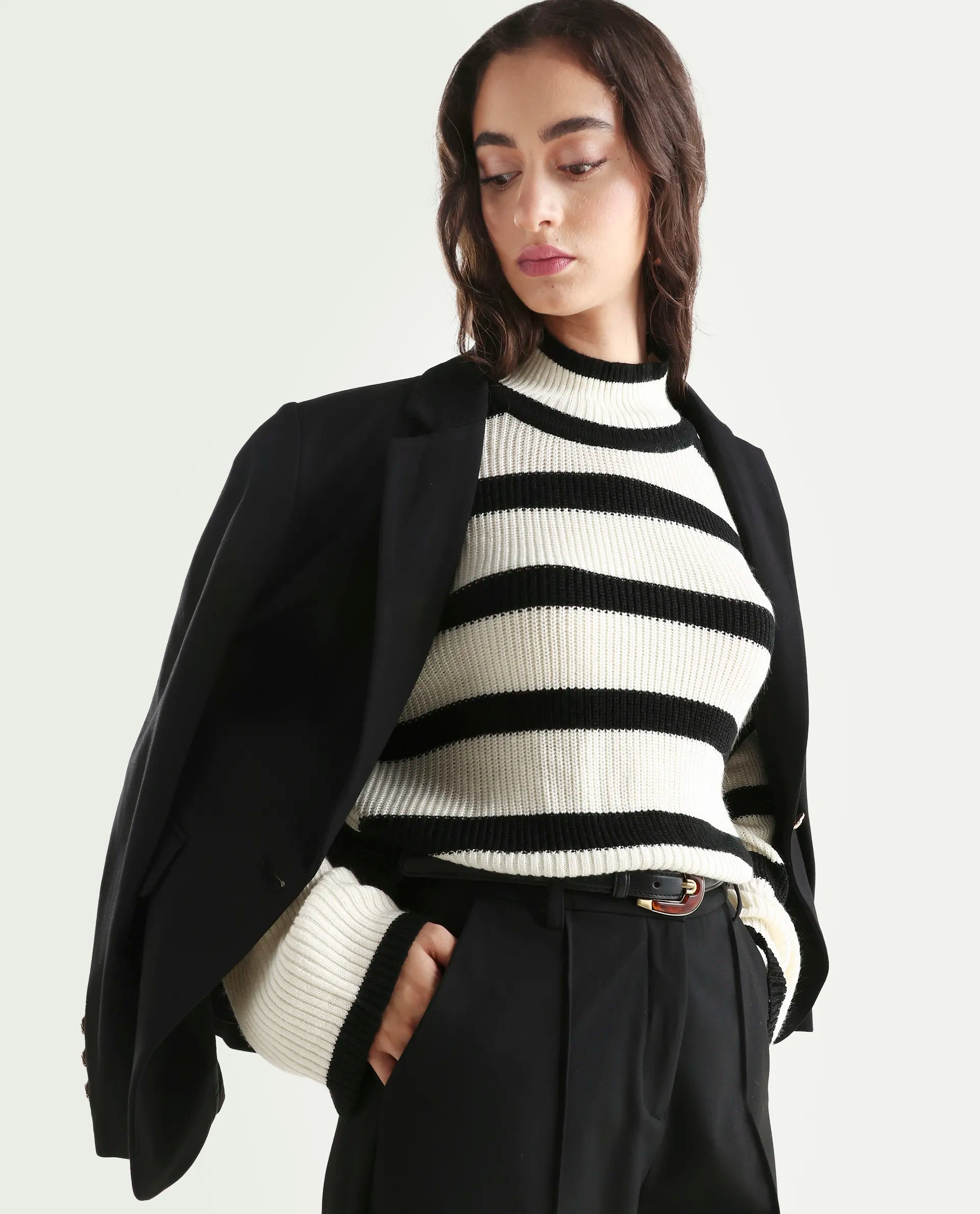 Rareism Women's Titanium White Acrylic High Neck Oversize Fit Striped Sweater