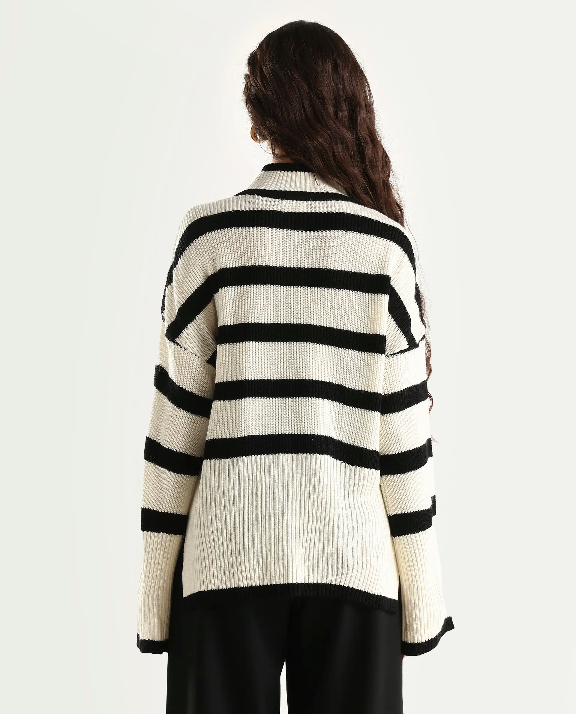 Rareism Women's Titanium White Acrylic High Neck Oversize Fit Striped Sweater