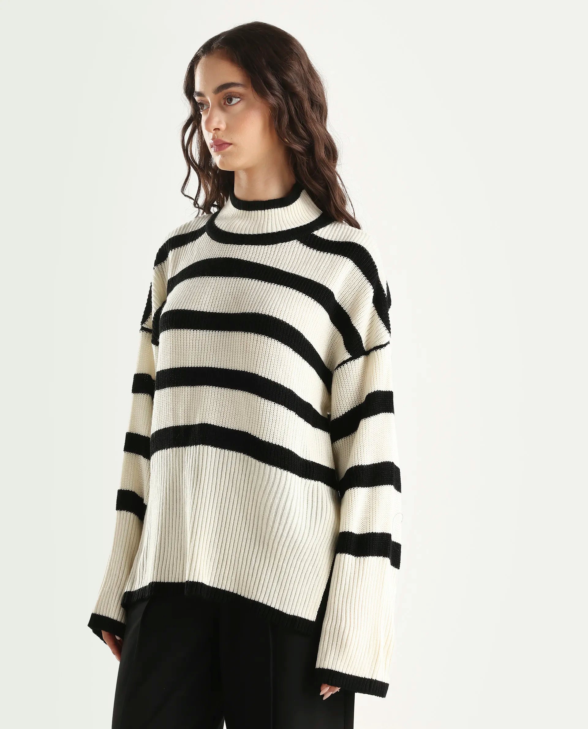 Rareism Women's Titanium White Acrylic High Neck Oversize Fit Striped Sweater