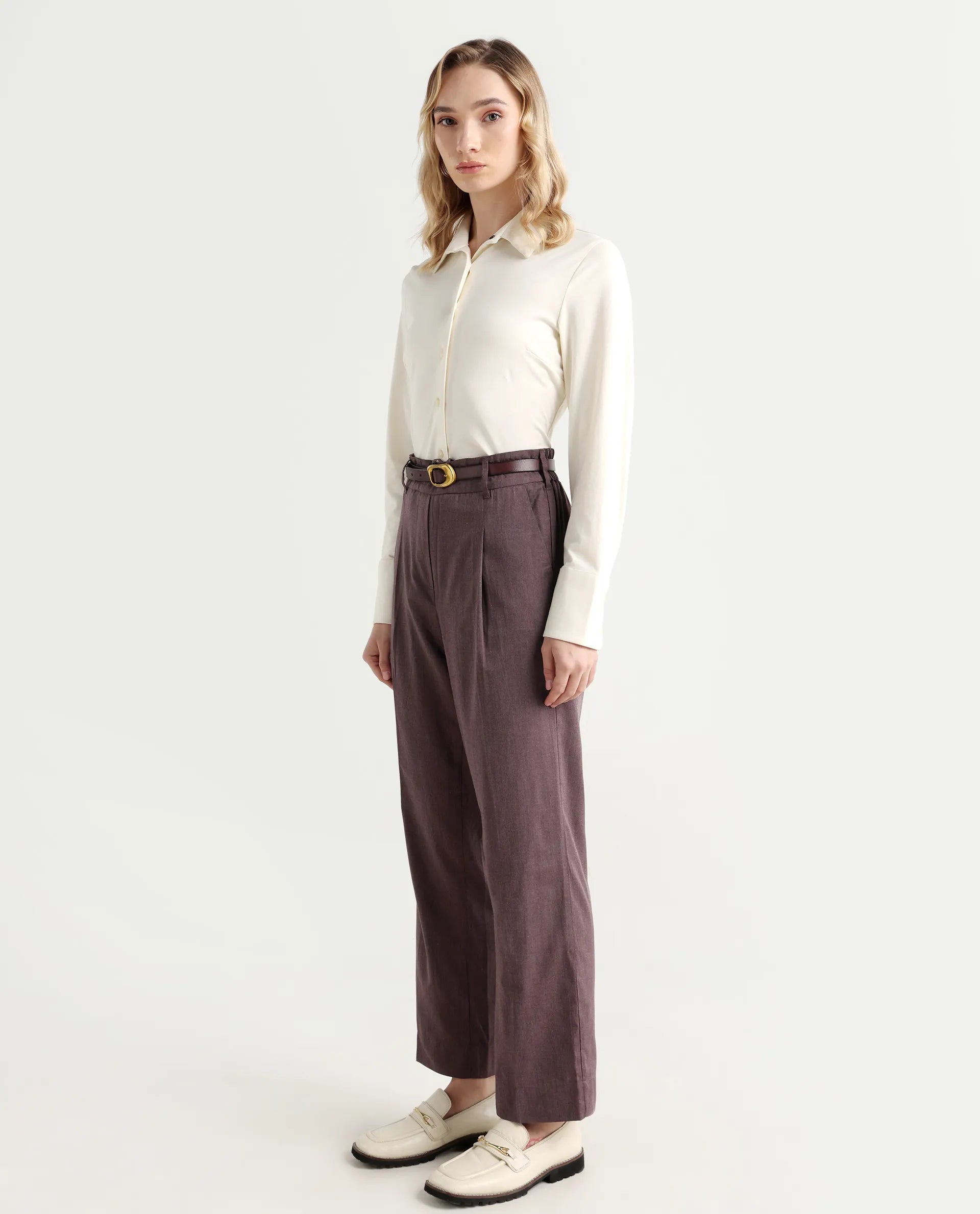 Rareism Women's Tiza Brown Polyester Blend Plain Ankle Length Straight Fit Trouser