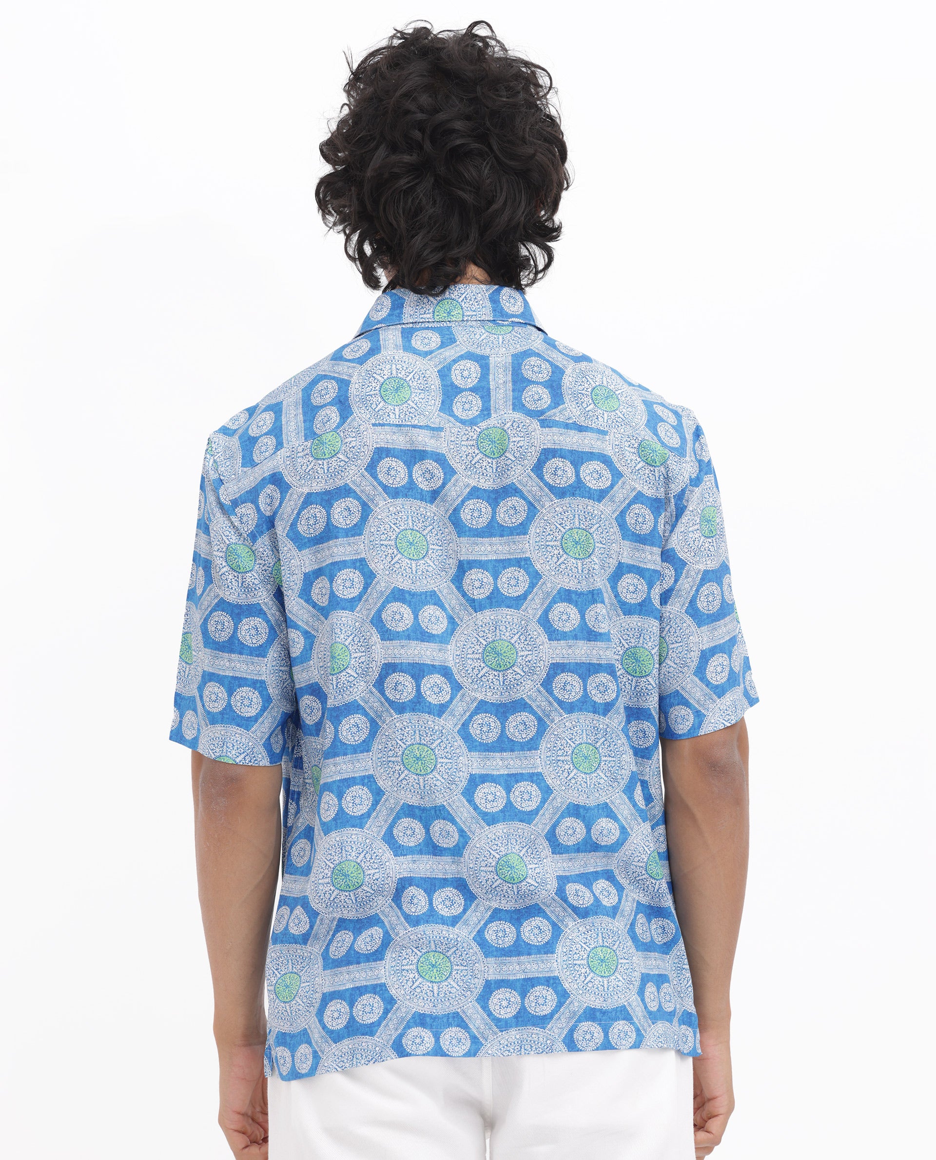 Rare Rabbit Mens Tofiel Blue Viscose Fabric Half Sleeves Boxy Fit Geometric Print Shirt