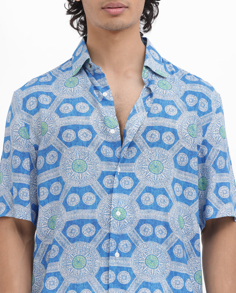 Rare Rabbit Mens Tofiel Blue Viscose Fabric Half Sleeves Geometric Print Shirt