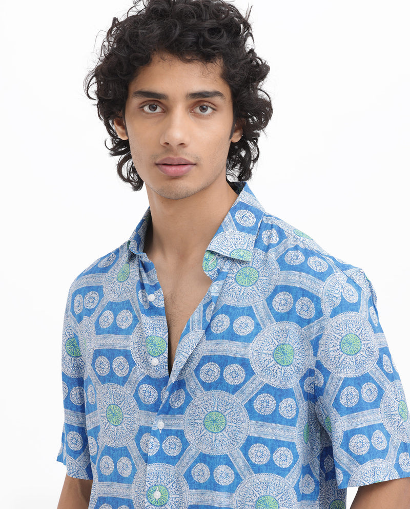 Rare Rabbit Mens Tofiel Blue Viscose Fabric Half Sleeves Geometric Print Shirt