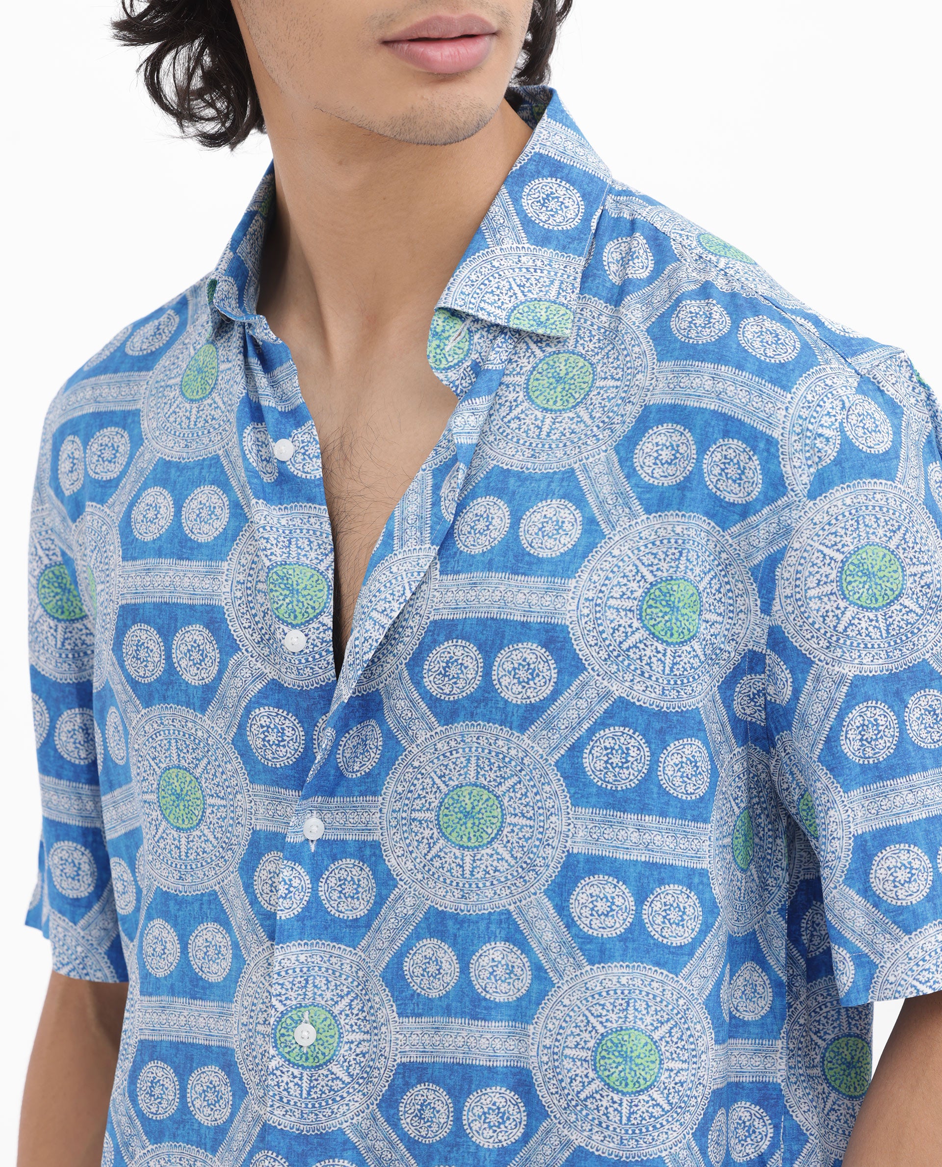 Rare Rabbit Mens Tofiel Blue Viscose Fabric Half Sleeves Boxy Fit Geometric Print Shirt