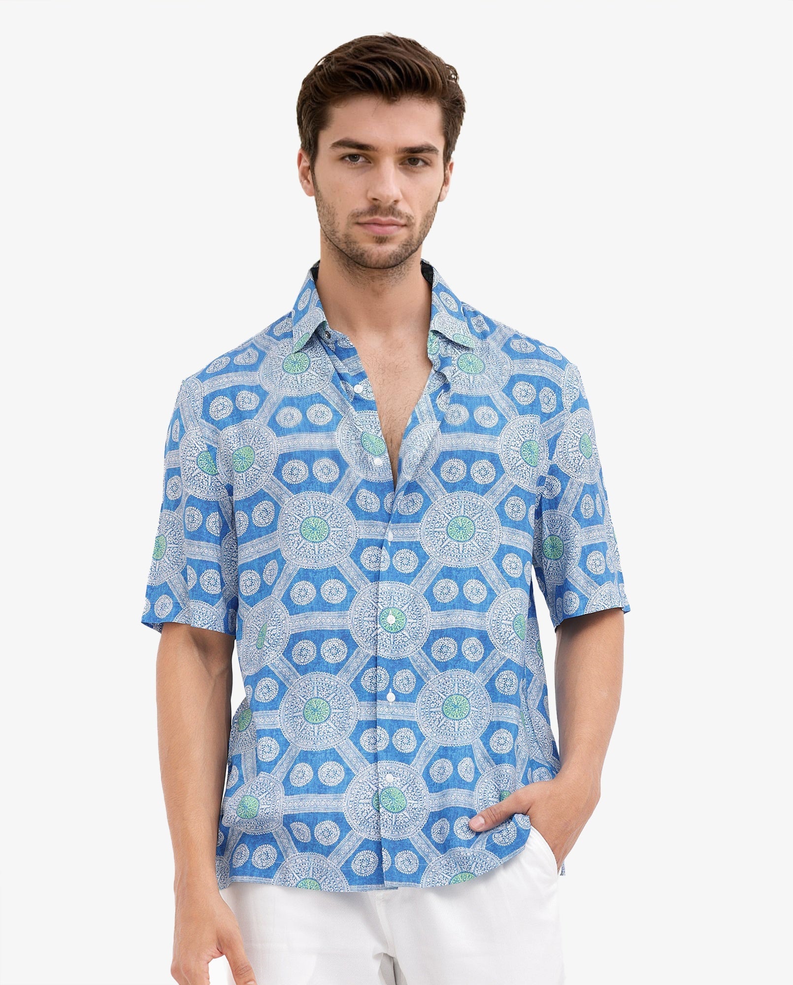 Rare Rabbit Mens Tofiel Blue Viscose Fabric Half Sleeves Boxy Fit Geometric Print Shirt