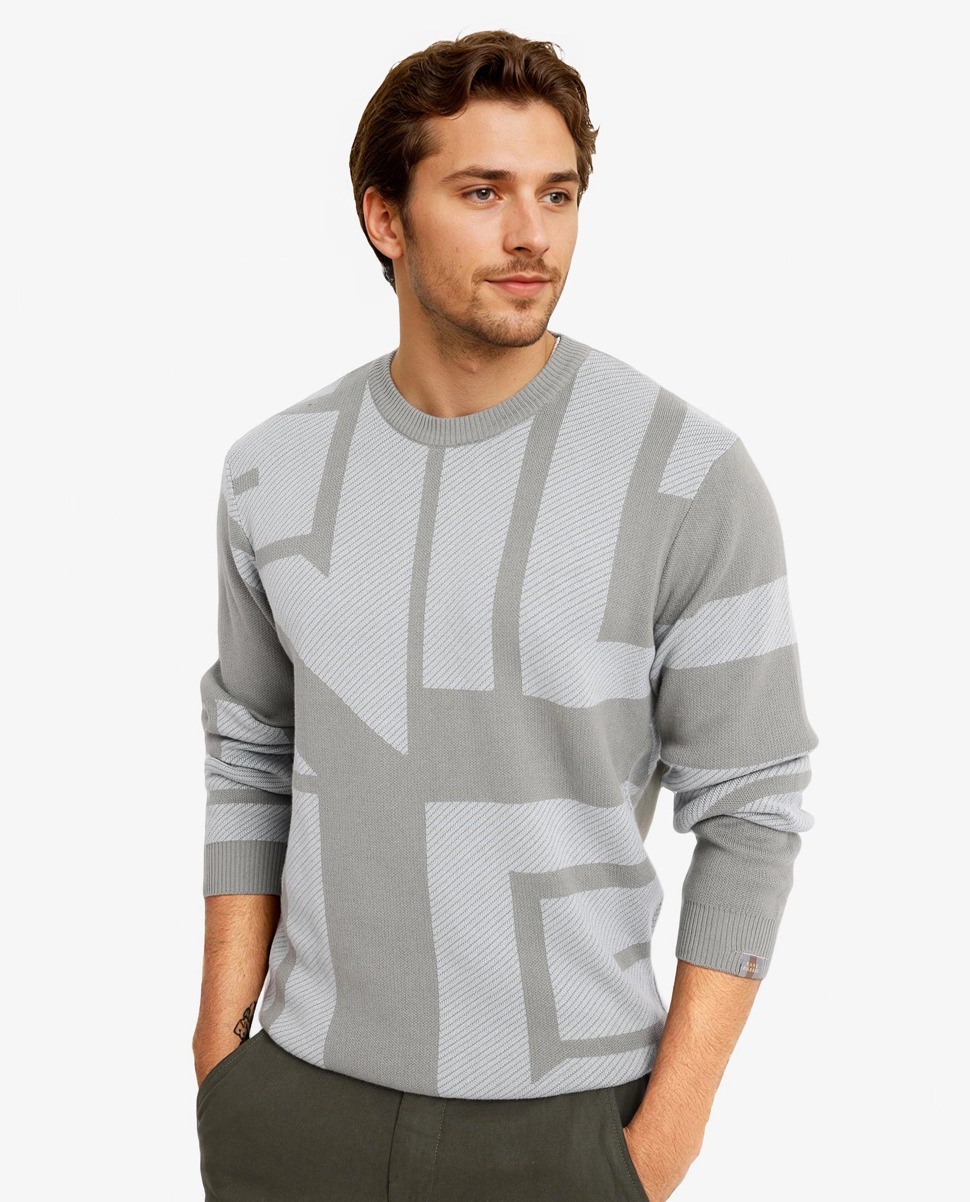 Rare Rabbit Men's Toge Green Cotton Fabric Full Sleeve Crew Neck Monogram Print Sweater