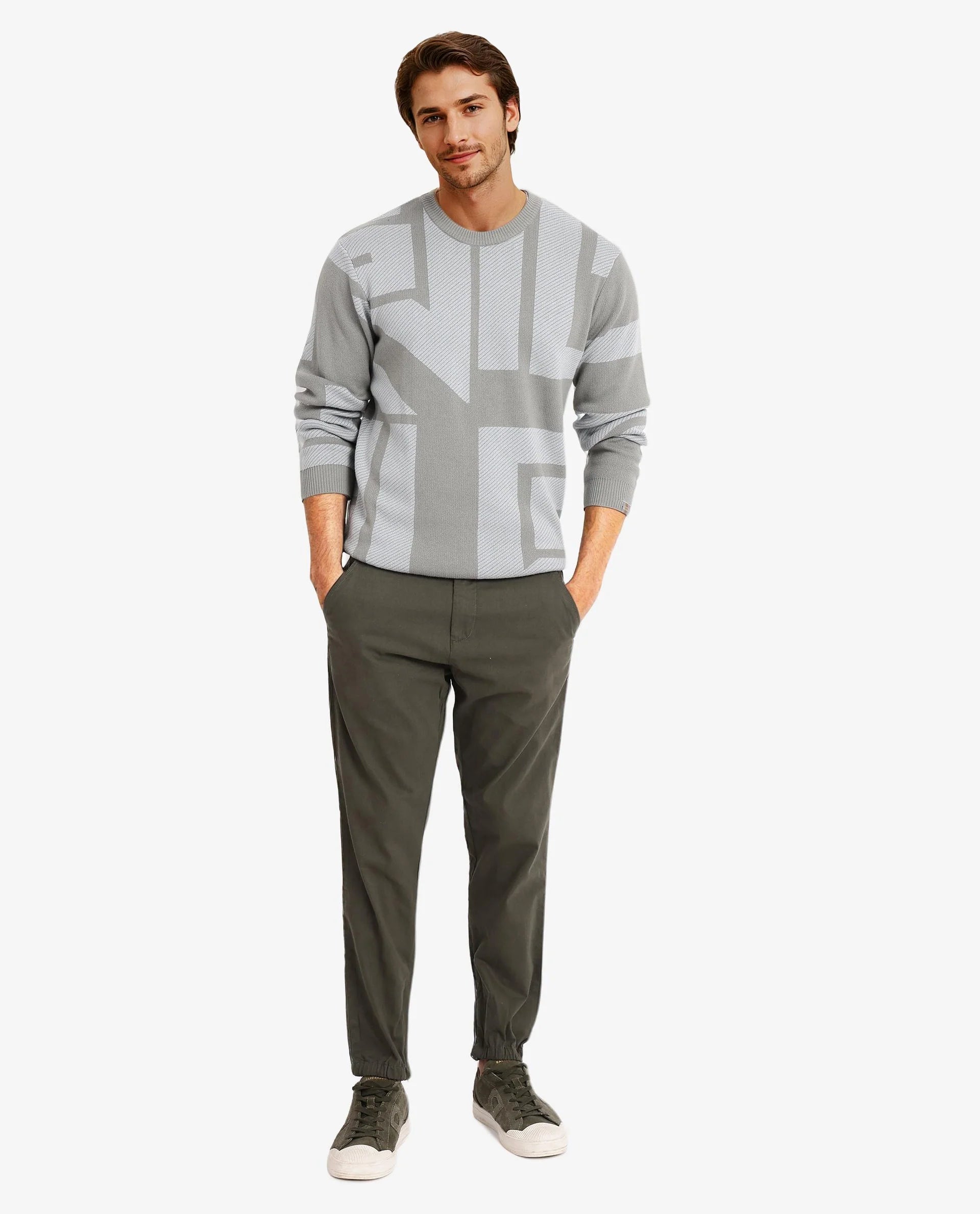 Rare Rabbit Men's Toge Green Cotton Fabric Full Sleeve Crew Neck Monogram Print Sweater