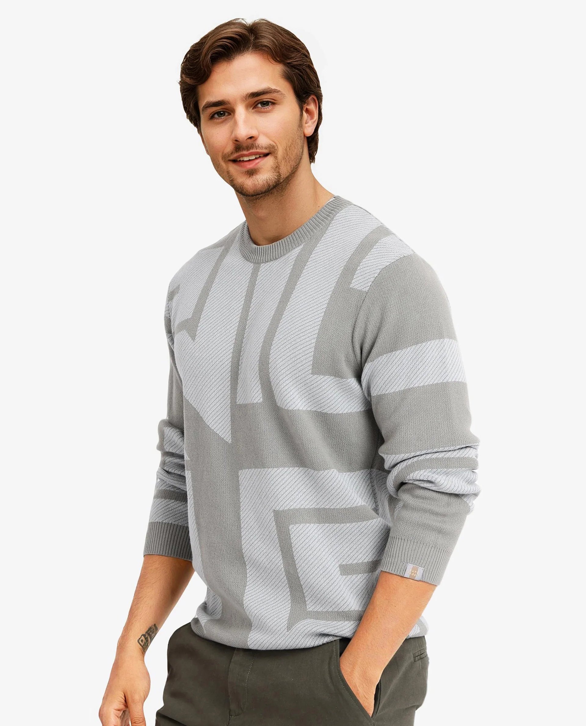 Rare Rabbit Men's Toge Green Cotton Fabric Full Sleeve Crew Neck Monogram Print Sweater