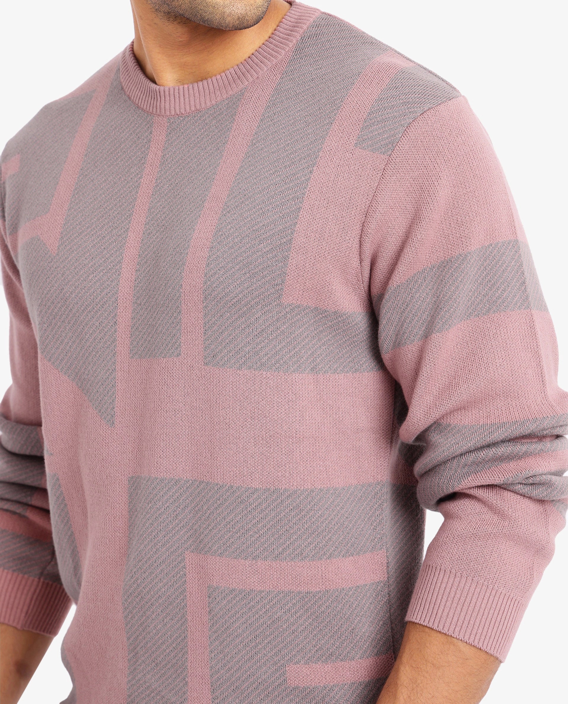 Rare Rabbit Men's Toge Pink Cotton Fabric Full Sleeve Crew Neck Monogram Print Sweater