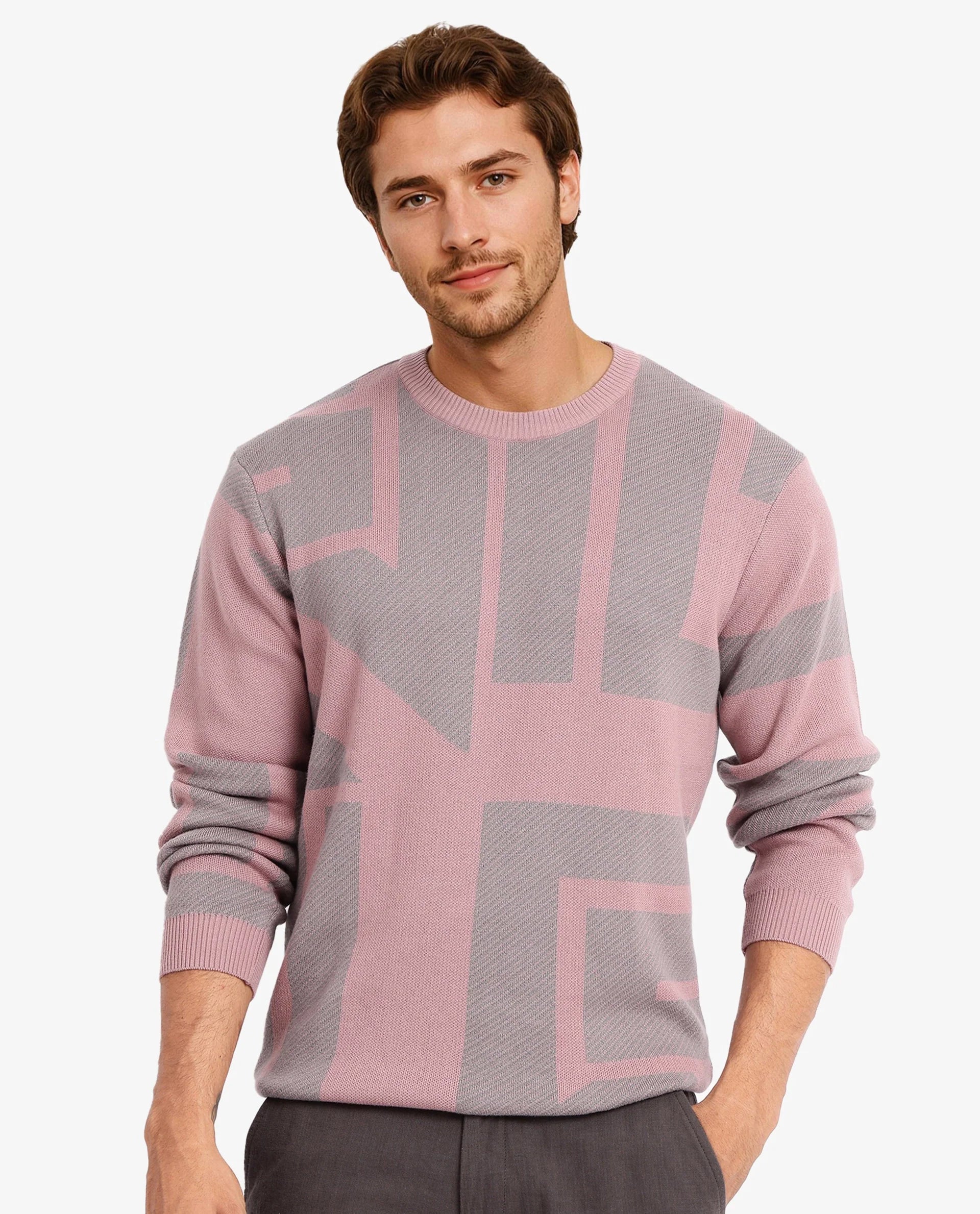 Rare Rabbit Men's Toge Pink Cotton Fabric Full Sleeve Crew Neck Monogram Print Sweater