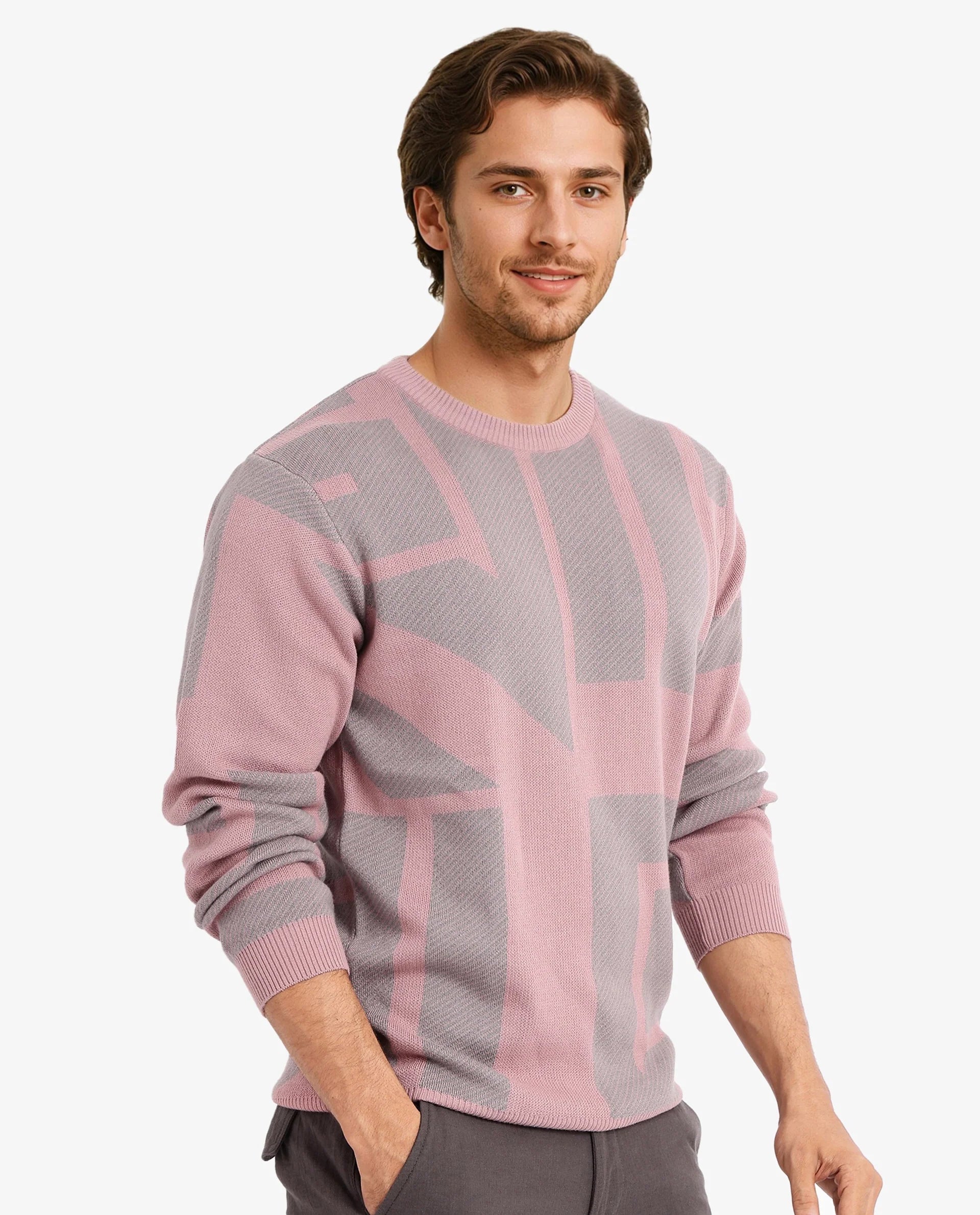 Rare Rabbit Men's Toge Pink Cotton Fabric Full Sleeve Crew Neck Monogram Print Sweater