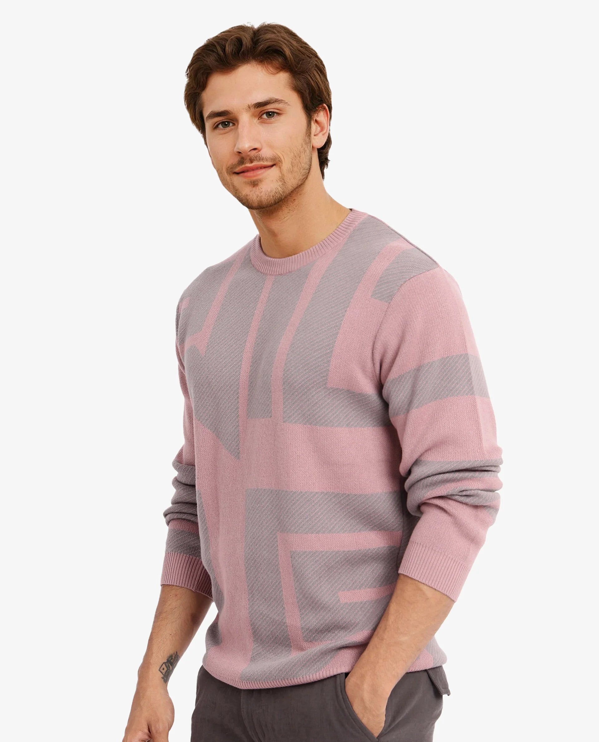 Rare Rabbit Men's Toge Pink Cotton Fabric Full Sleeve Crew Neck Monogram Print Sweater