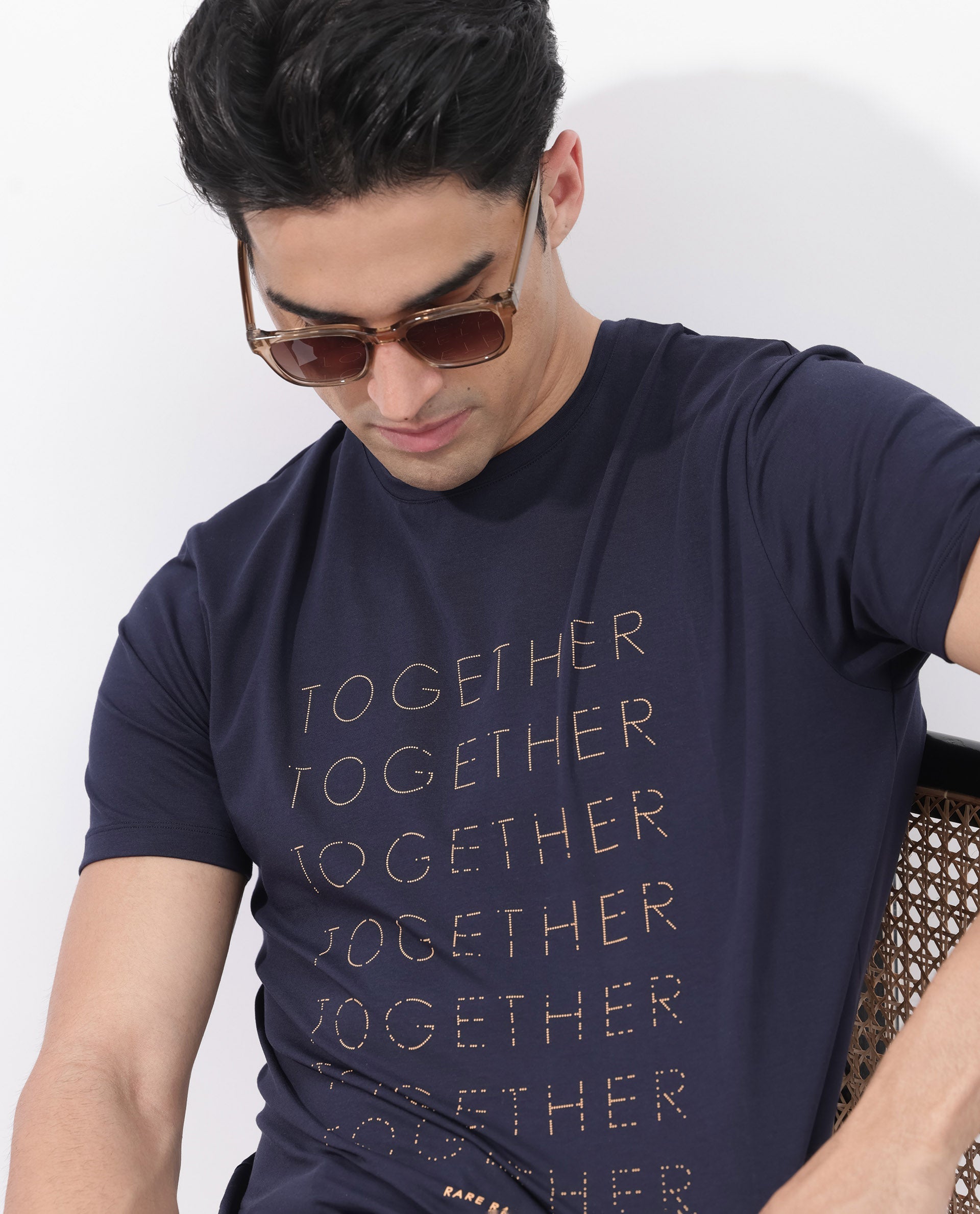 Rare Rabbit Articale Men's Together-1 Navy Crew Neck Relaxed Fit Knit Typography Print T-Shirt