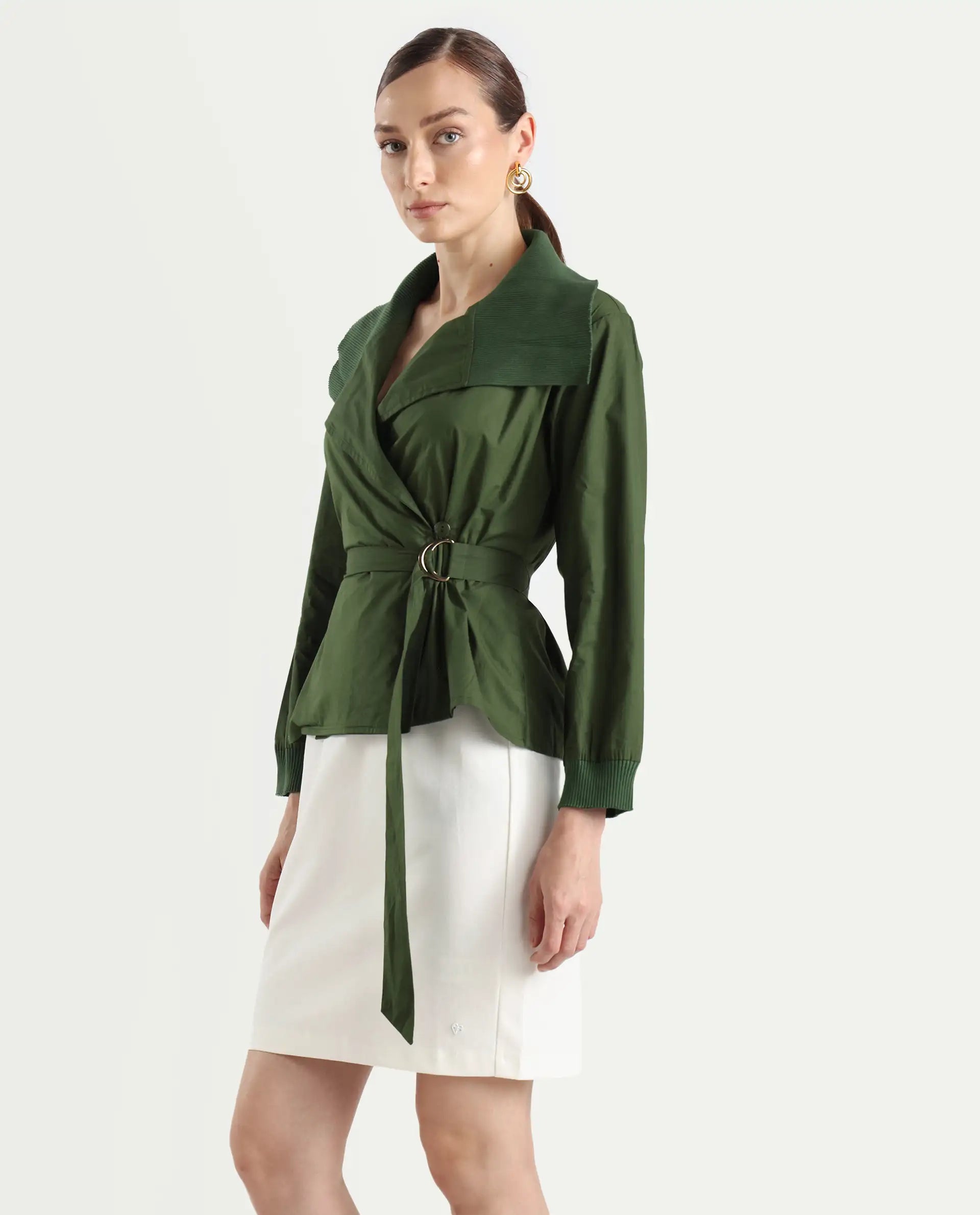 Rareism Women's Tokat Olive Cotton Ribbed Collar Plain Ribbed Sleeve Boxy Fit Jacket