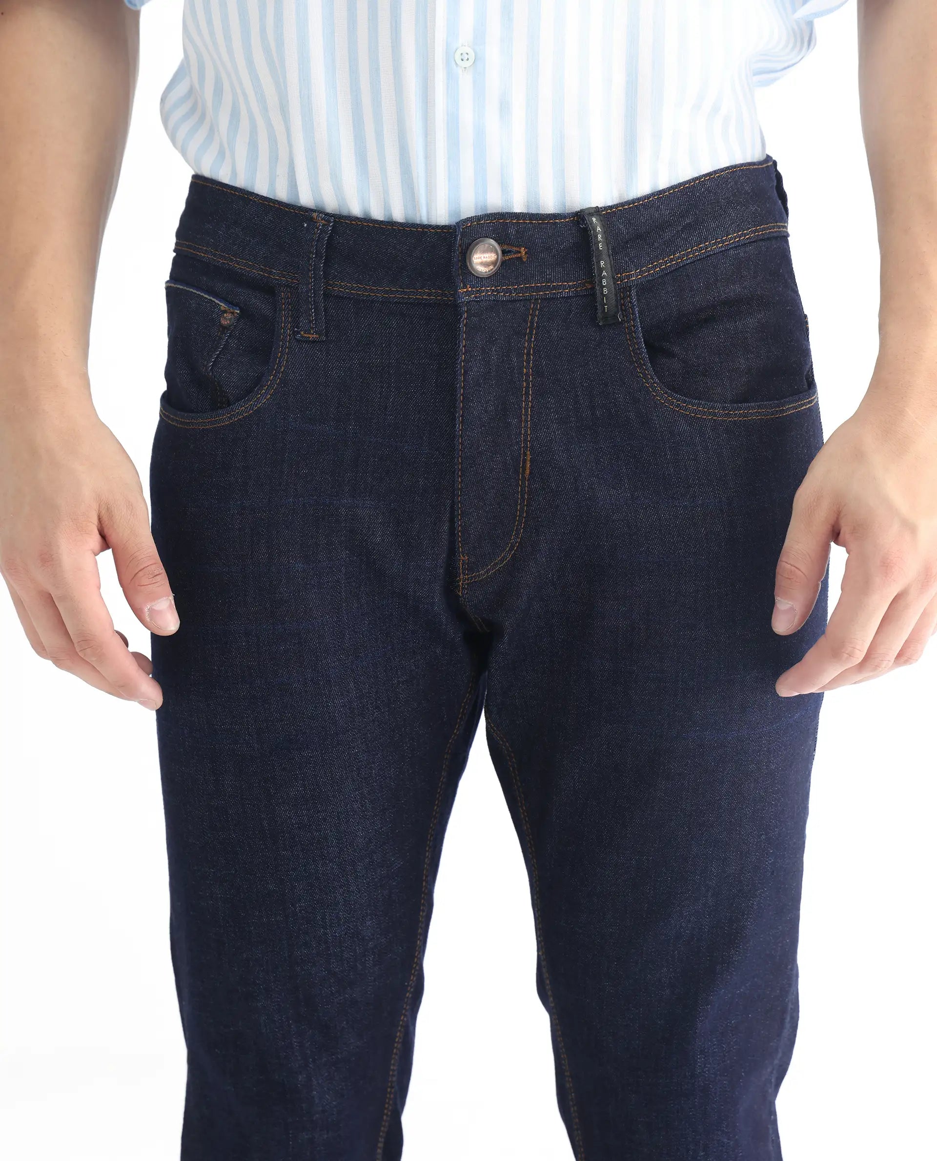 Rare Rabbit Men's Toledo Navy Cotton Plain Hawk Slim Fit Jeans