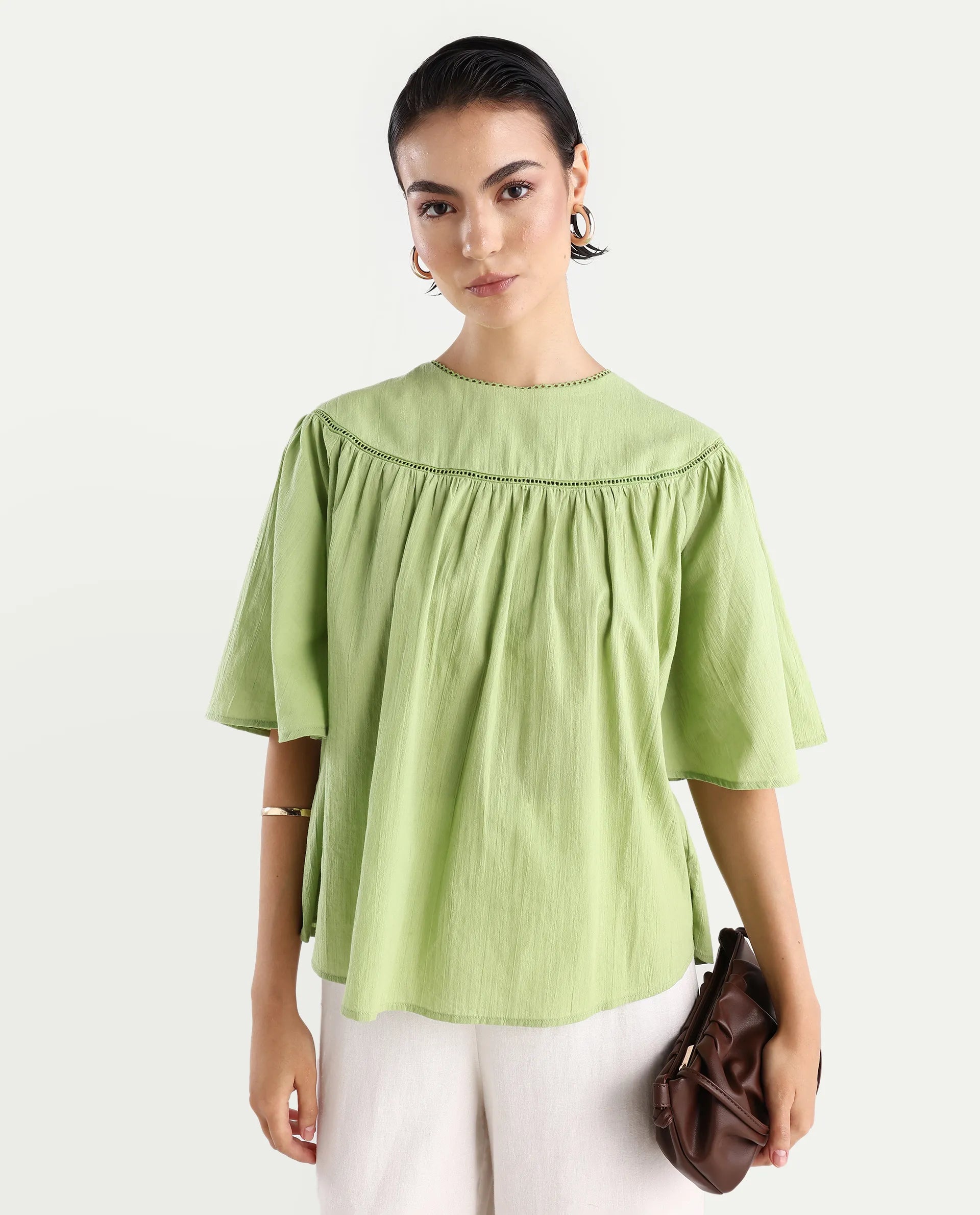 Rareism Women's Tonala Green Cotton Blend Crew Neck Plain Raglan Sleeve Relaxed Fit Top