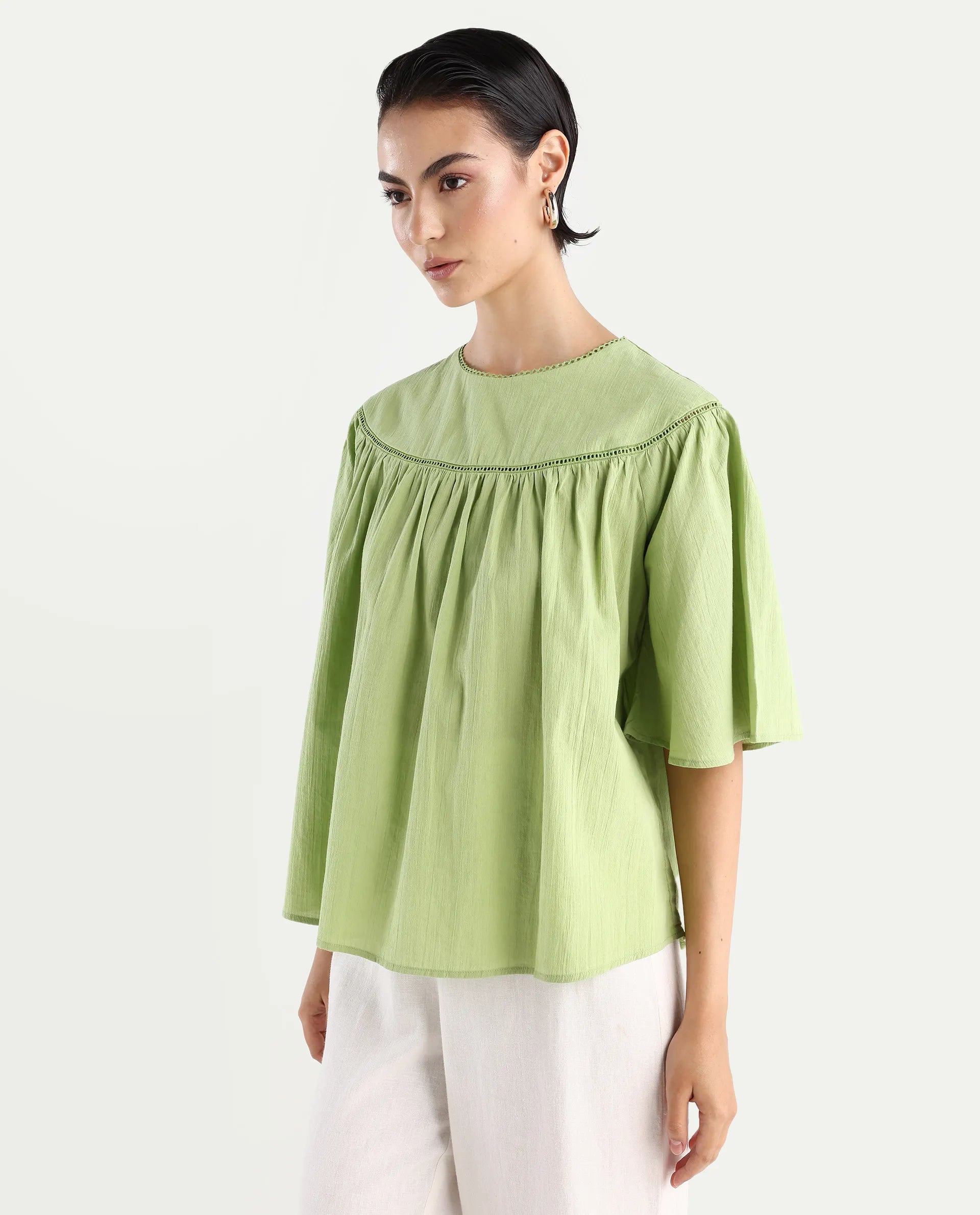 Rareism Women's Tonala Green Cotton Blend Crew Neck Plain Raglan Sleeve Relaxed Fit Top