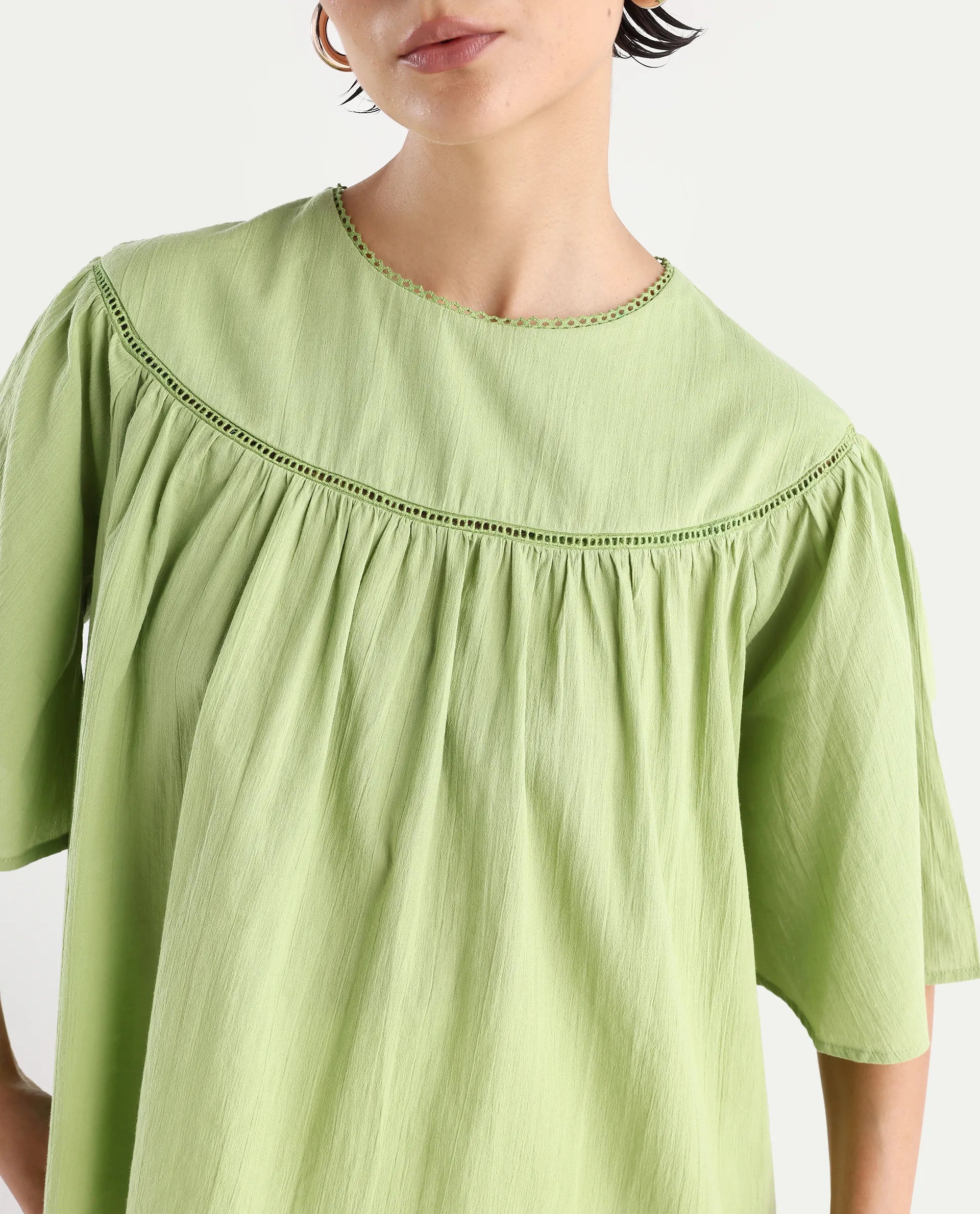 Rareism Women's Tonala Green Cotton Blend Crew Neck Plain Raglan Sleeve Relaxed Fit Top