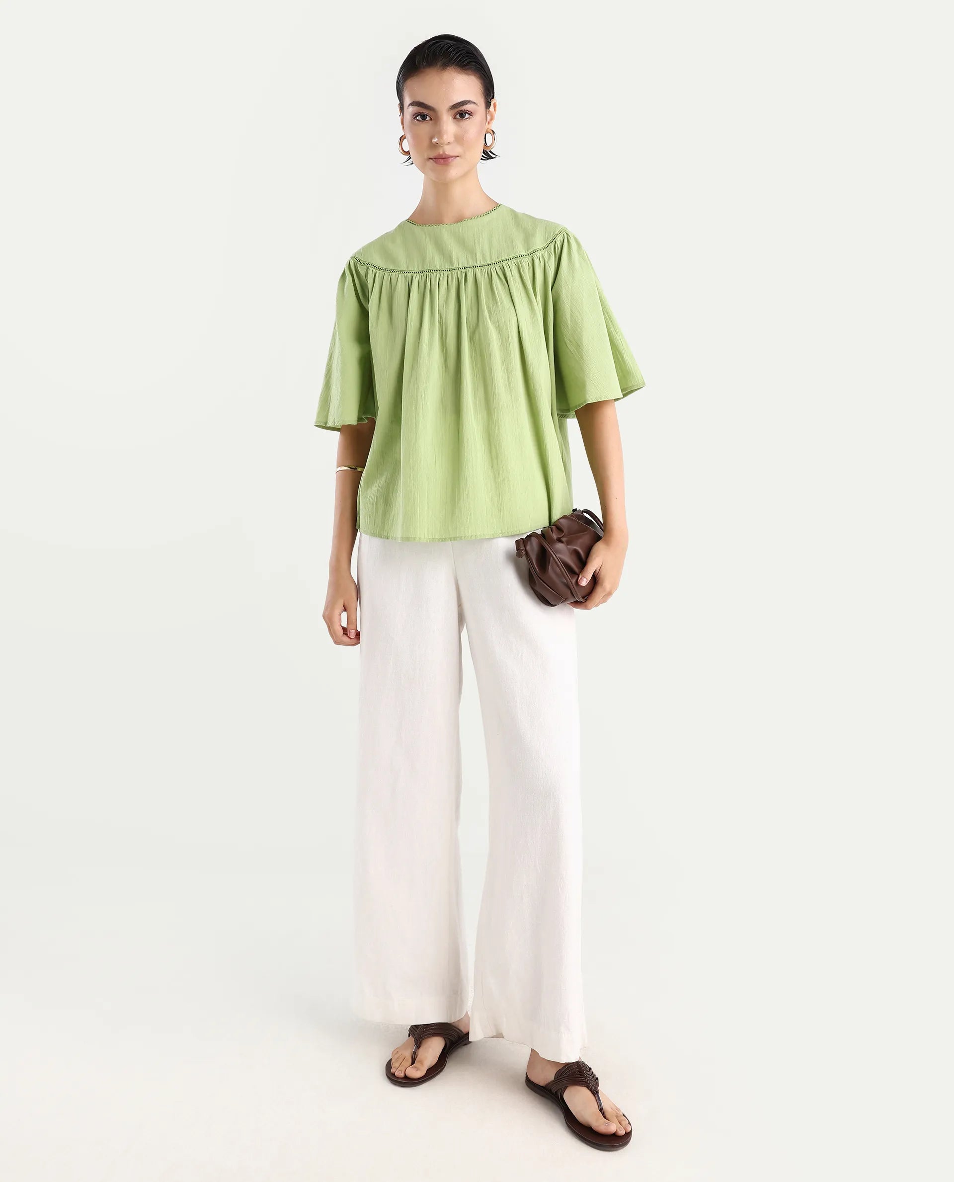 Rareism Women's Tonala Green Cotton Blend Crew Neck Plain Raglan Sleeve Relaxed Fit Top