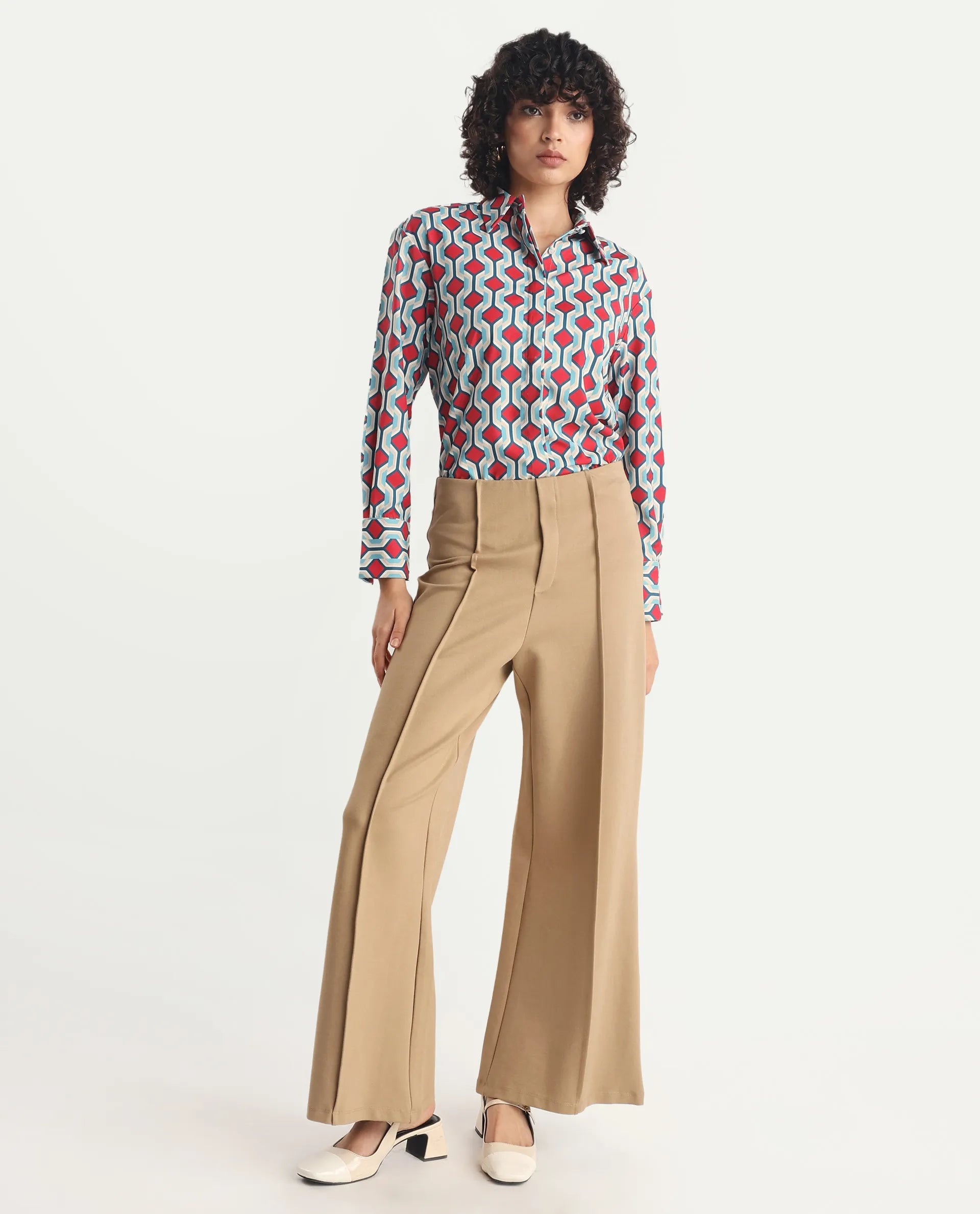 Rareism Women's Tonyhale Multi Satin Spread Collar Geometric Print Cuffed Sleeve Regular Fit Top
