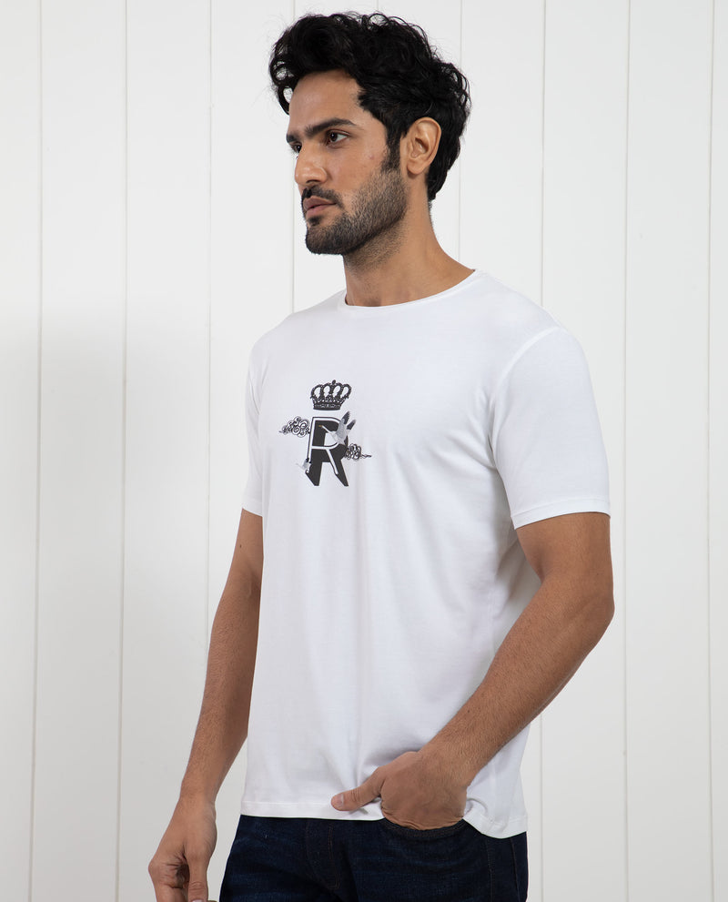 Rare Rabbit Men's Stuart White Crew Neck Half Sleeves Regular Fit Graphic Print T-Shirt