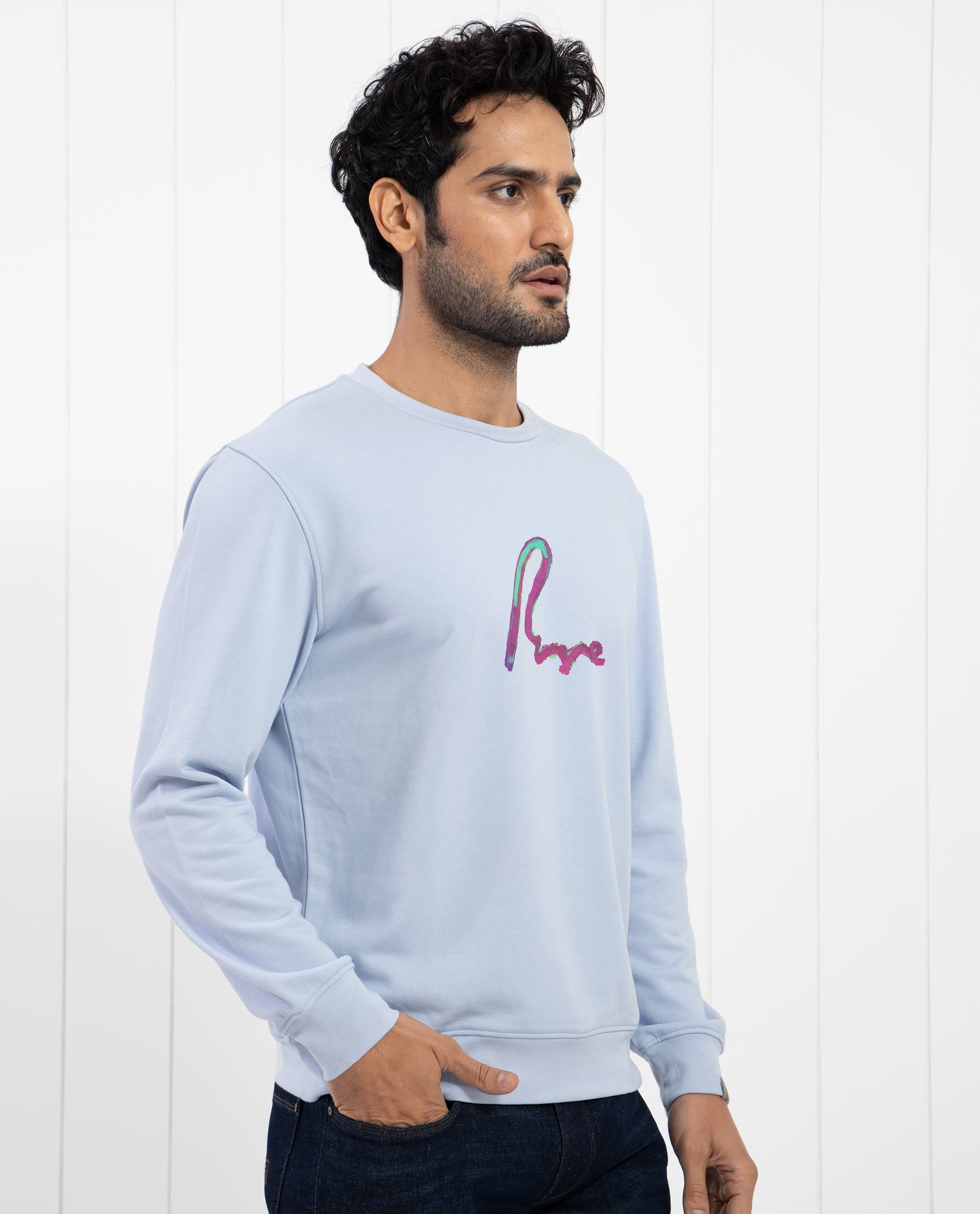 Rare Rabbit Men's Toon Light Blue Cotton Polyester Fabric Full Sleeves Graphic Signature Print Knitted Sweatshirt