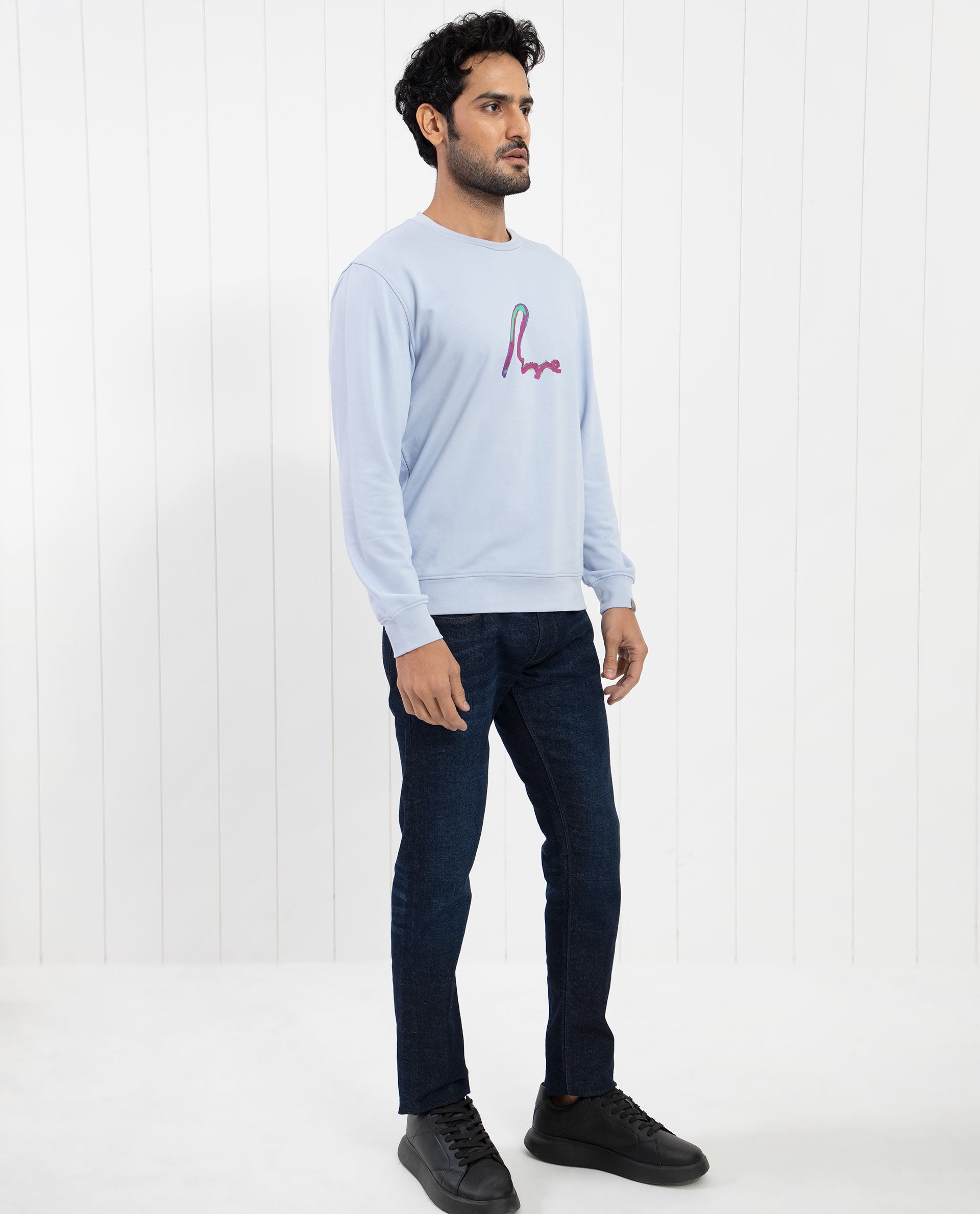 Rare Rabbit Men's Toon Light Blue Cotton Polyester Fabric Full Sleeves Graphic Signature Print Knitted Sweatshirt