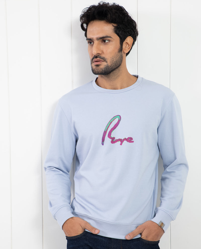 RARE RABBIT MENS TOON LIGHT BLUE SWEATSHIRT COTTON POLYESTER TERRY FABRIC ROUND NECK KNITTED FULL SLEEVES COMFORTABLE FIT
