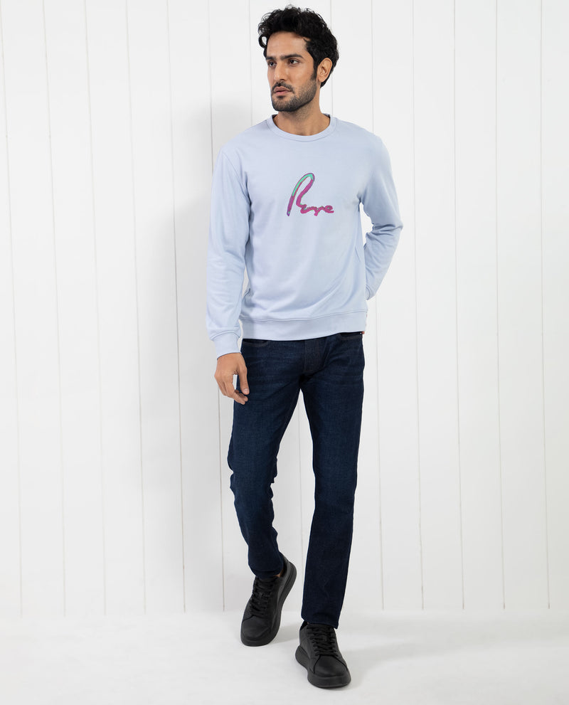 RARE RABBIT MENS TOON LIGHT BLUE SWEATSHIRT COTTON POLYESTER TERRY FABRIC ROUND NECK KNITTED FULL SLEEVES COMFORTABLE FIT