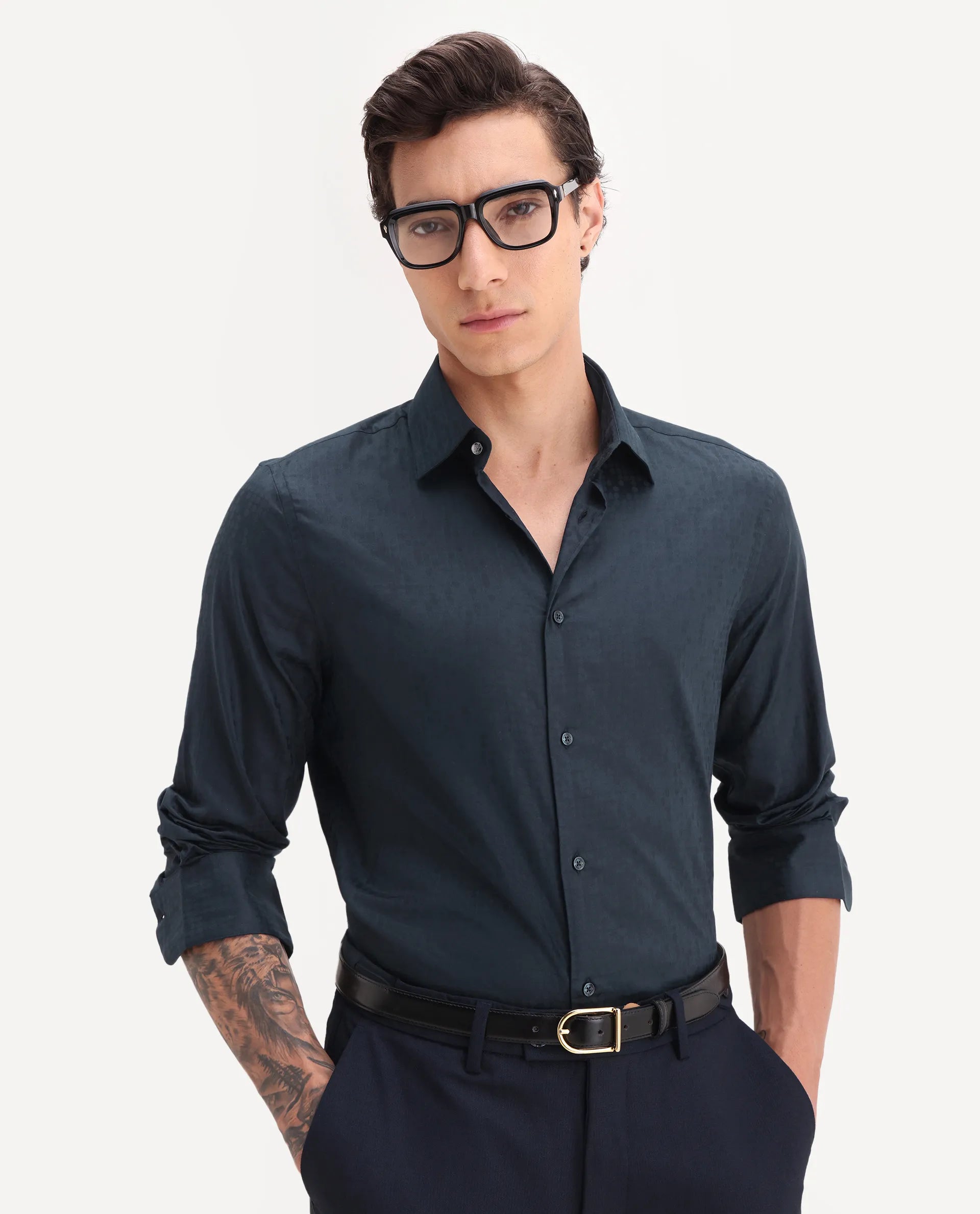 Rare Rabbit Men's Torop Navy Jacquard Fabric Full Sleeve Collared Neck Regular Fit Jacquard Shirt