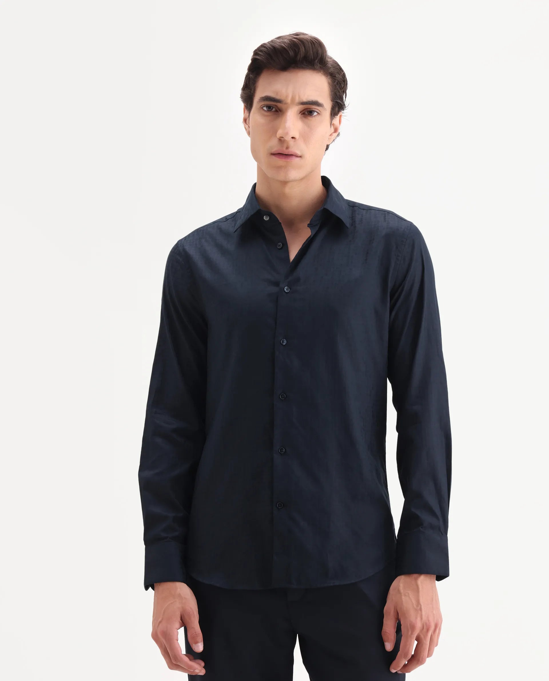 Rare Rabbit Men's Torop Navy Jacquard Fabric Full Sleeve Collared Neck Regular Fit Jacquard Shirt