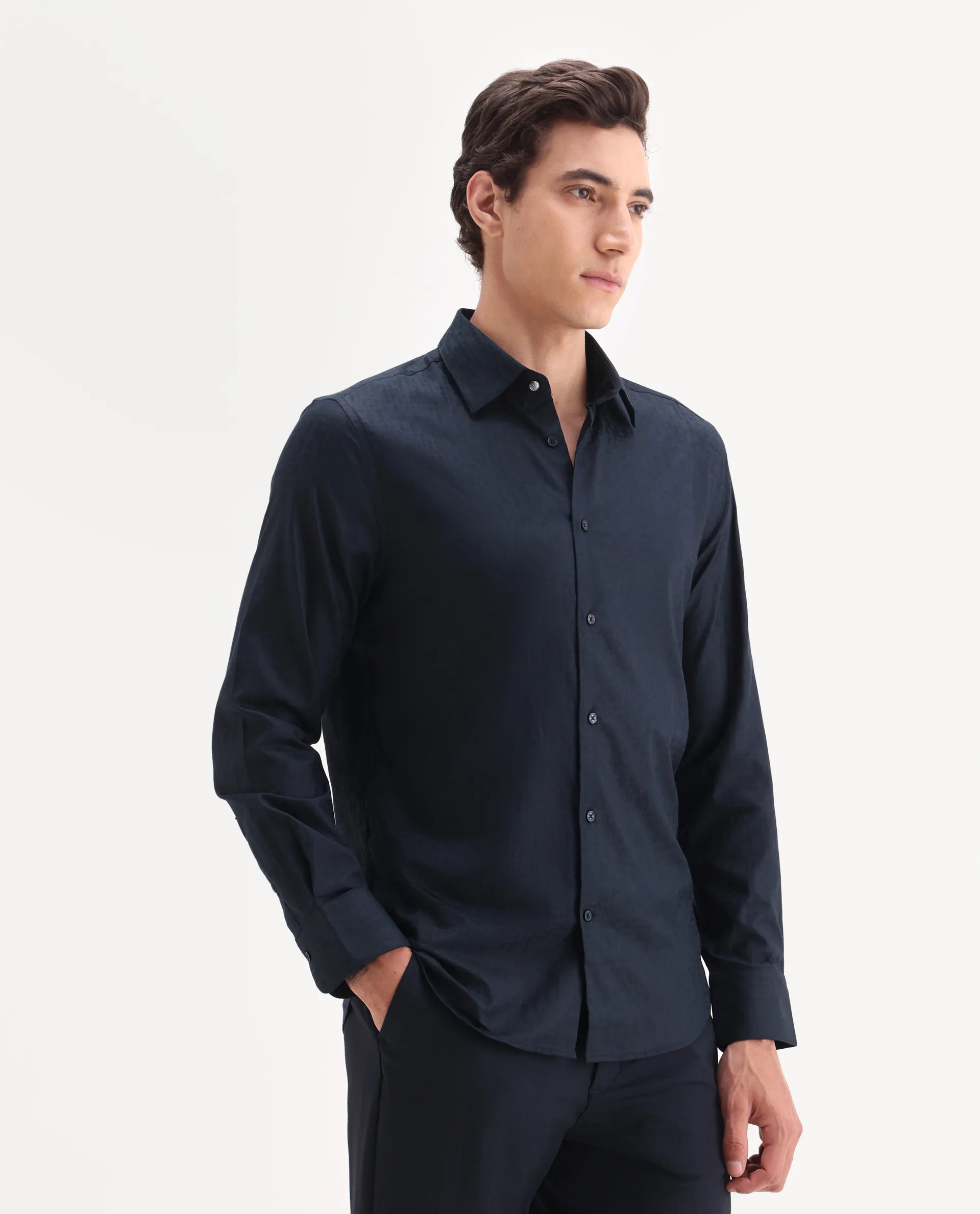 Rare Rabbit Men's Torop Navy Jacquard Fabric Full Sleeve Collared Neck Regular Fit Jacquard Shirt