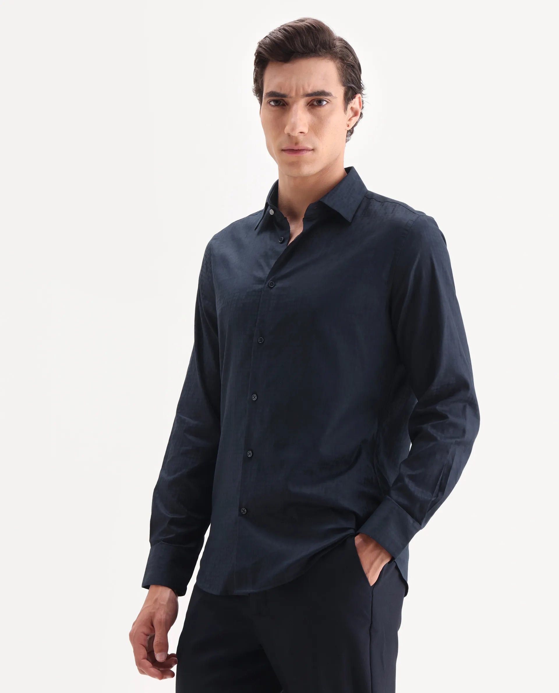 Rare Rabbit Men's Torop Navy Jacquard Fabric Full Sleeve Collared Neck Regular Fit Jacquard Shirt