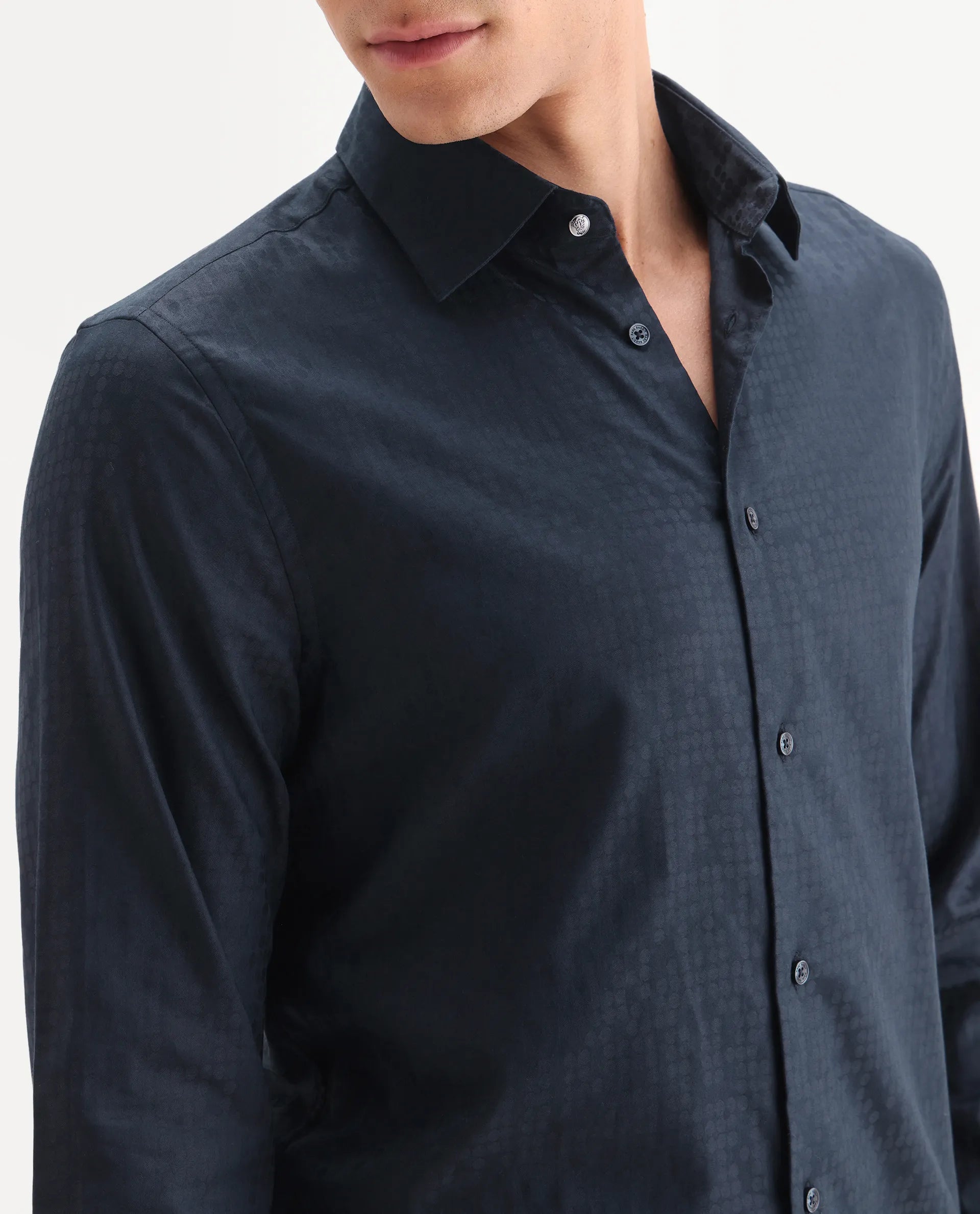 Rare Rabbit Men's Torop Navy Jacquard Fabric Full Sleeve Collared Neck Regular Fit Jacquard Shirt