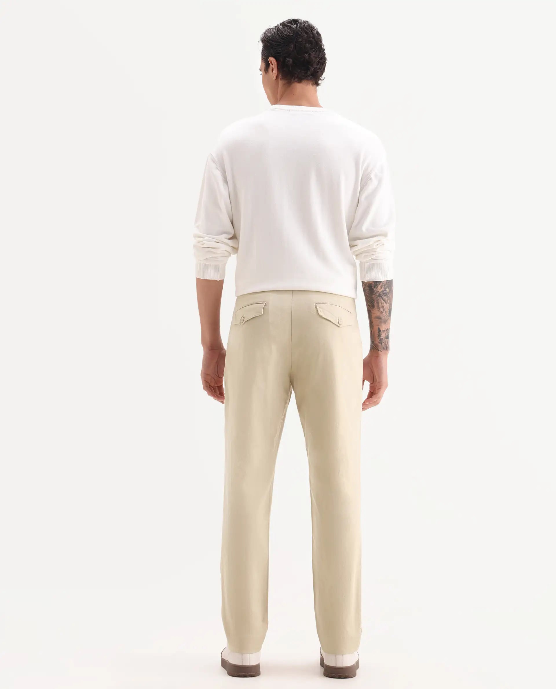 Rare Rabbit Men's Torro Beige Cotton Blend Plain Regular Fit Trouser