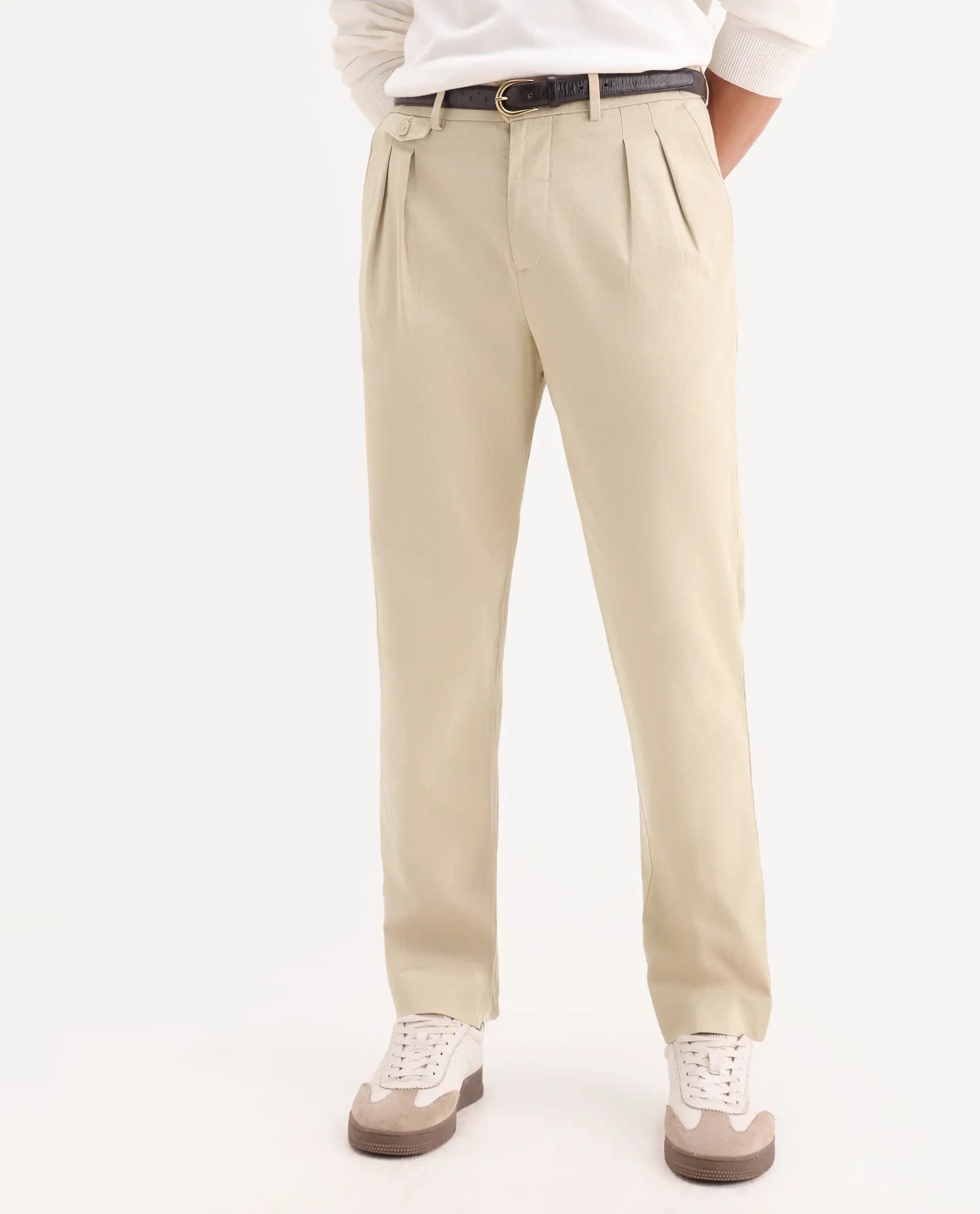 Rare Rabbit Men's Torro Beige Cotton Blend Plain Regular Fit Trouser