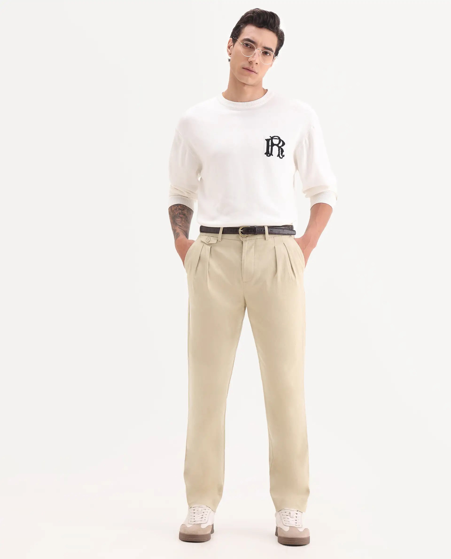 Rare Rabbit Men's Torro Beige Cotton Blend Plain Regular Fit Trouser