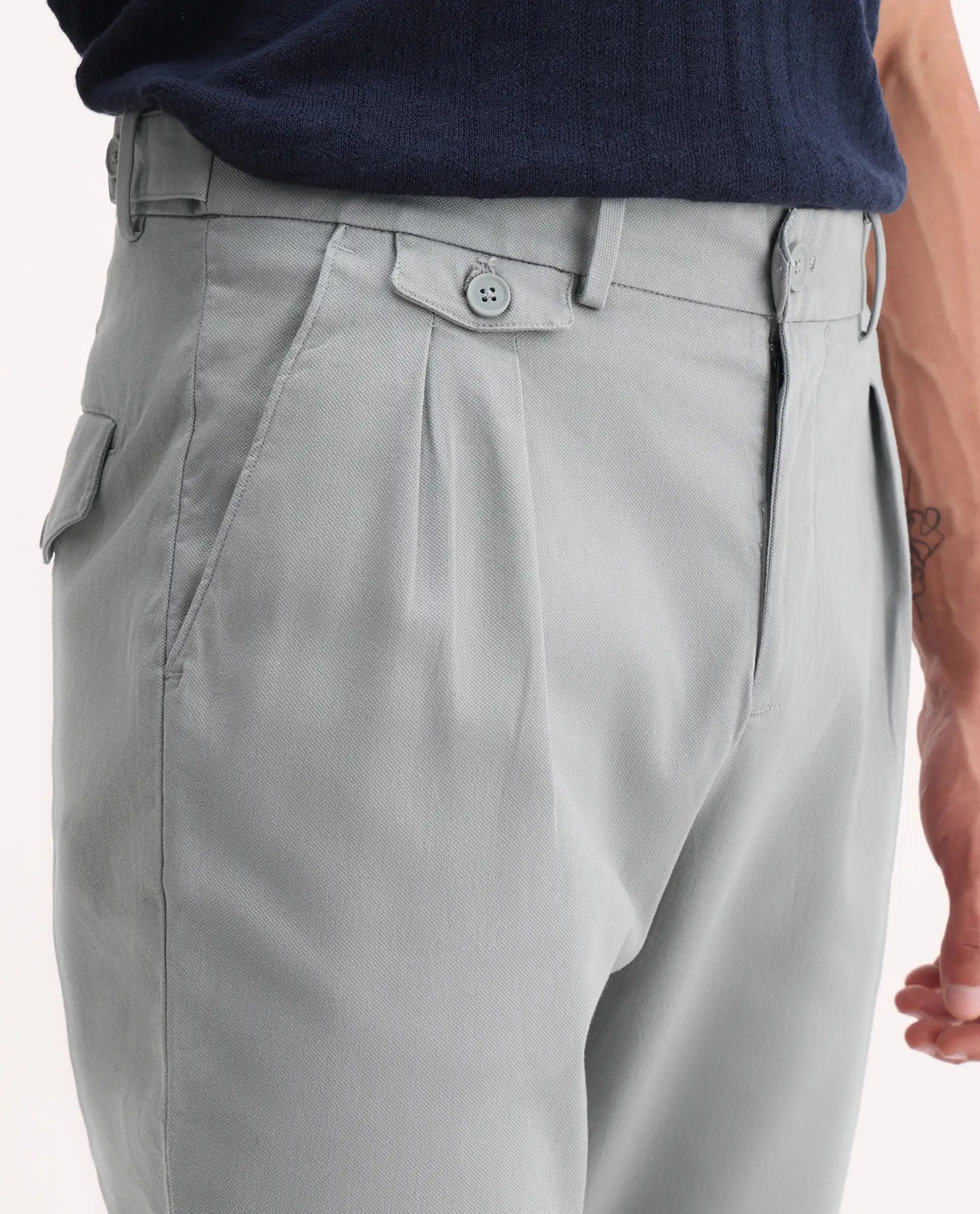 Rare Rabbit Men's Torro Grey Cotton Plain Regular Fit Trouser