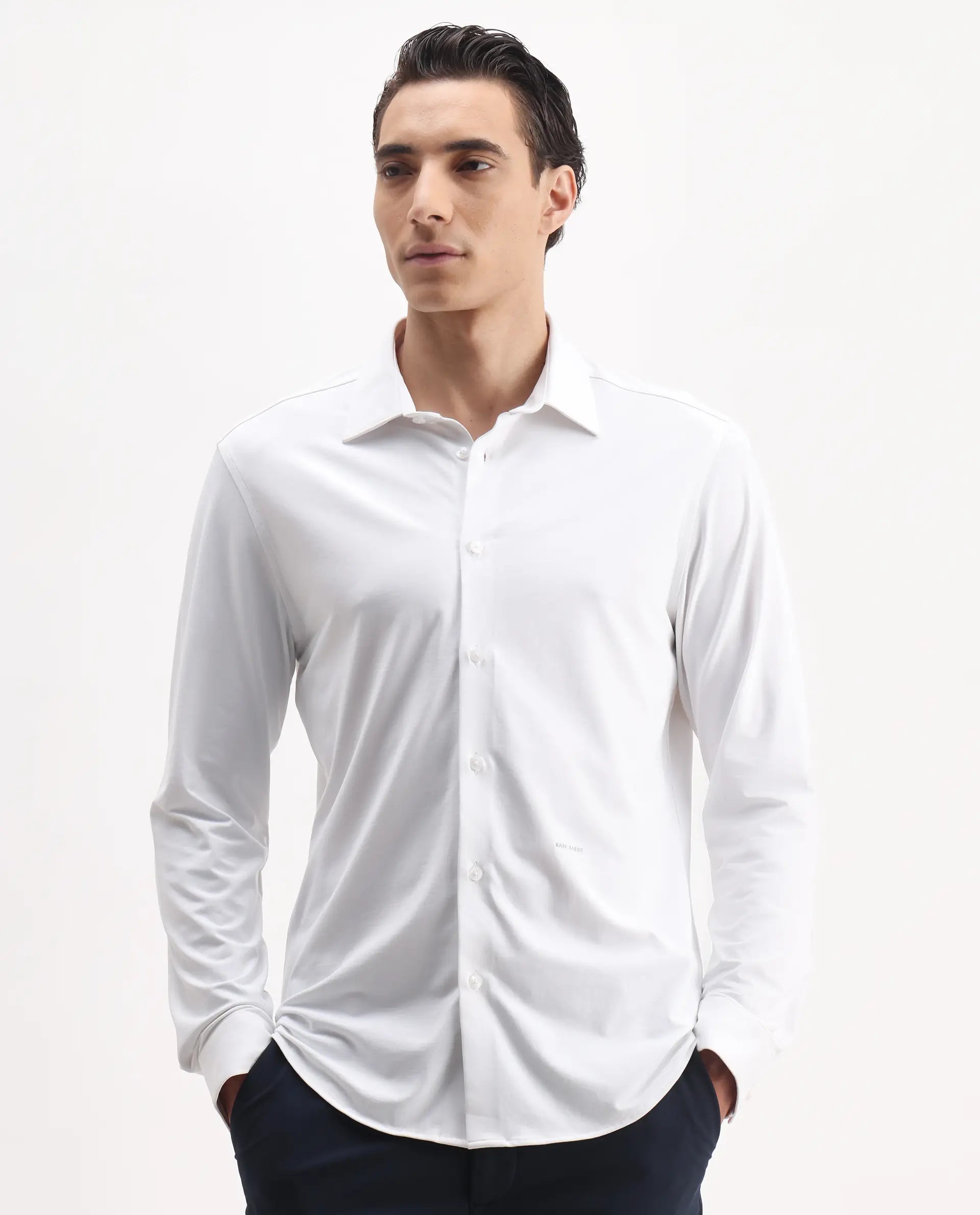 Rare Rabbit Men's Tour-25 White Cotton Blend Plain Regular Fit Full Sleeve Collared Shirt