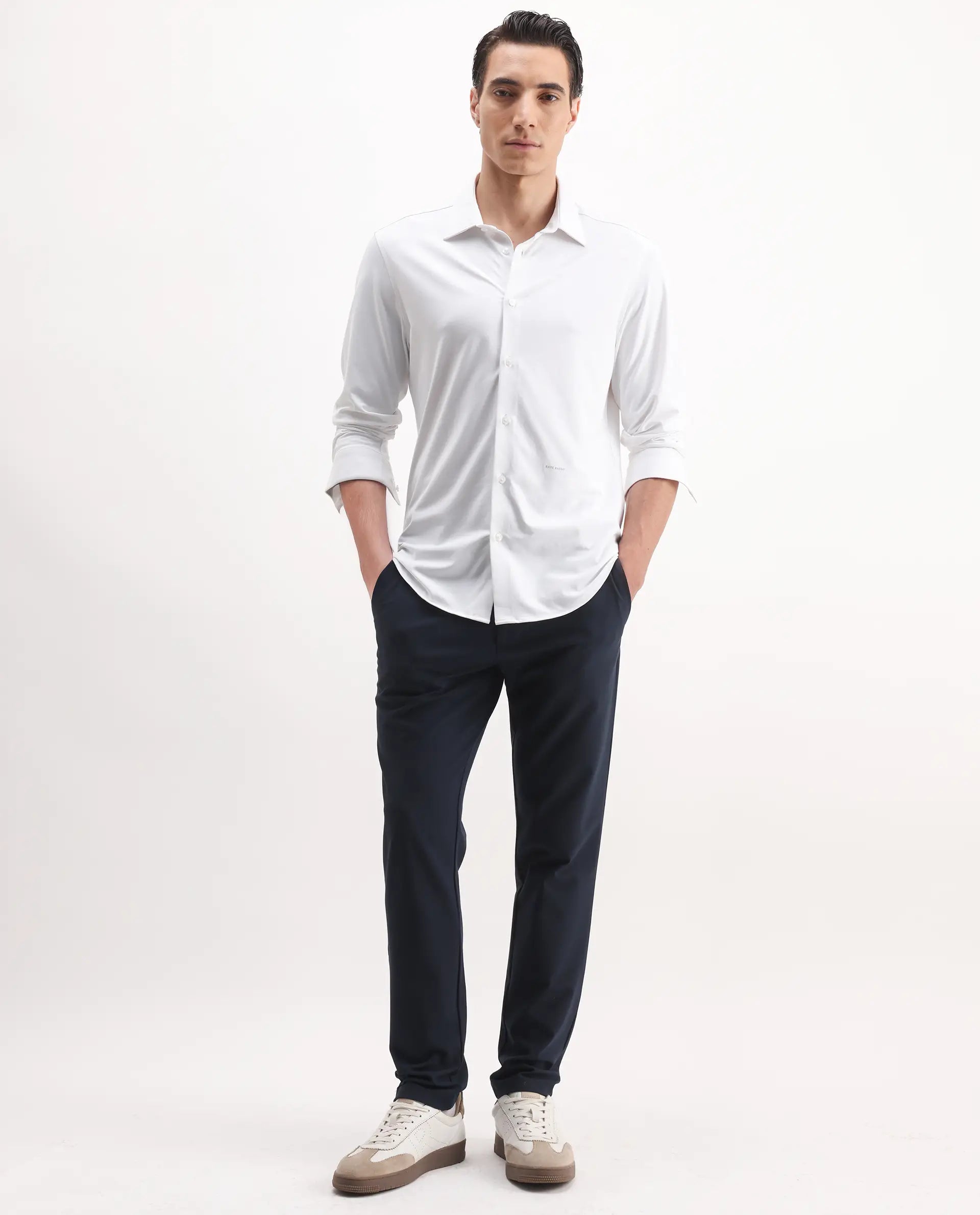 Rare Rabbit Men's Tour-25 White Cotton Blend Plain Regular Fit Full Sleeve Collared Shirt
