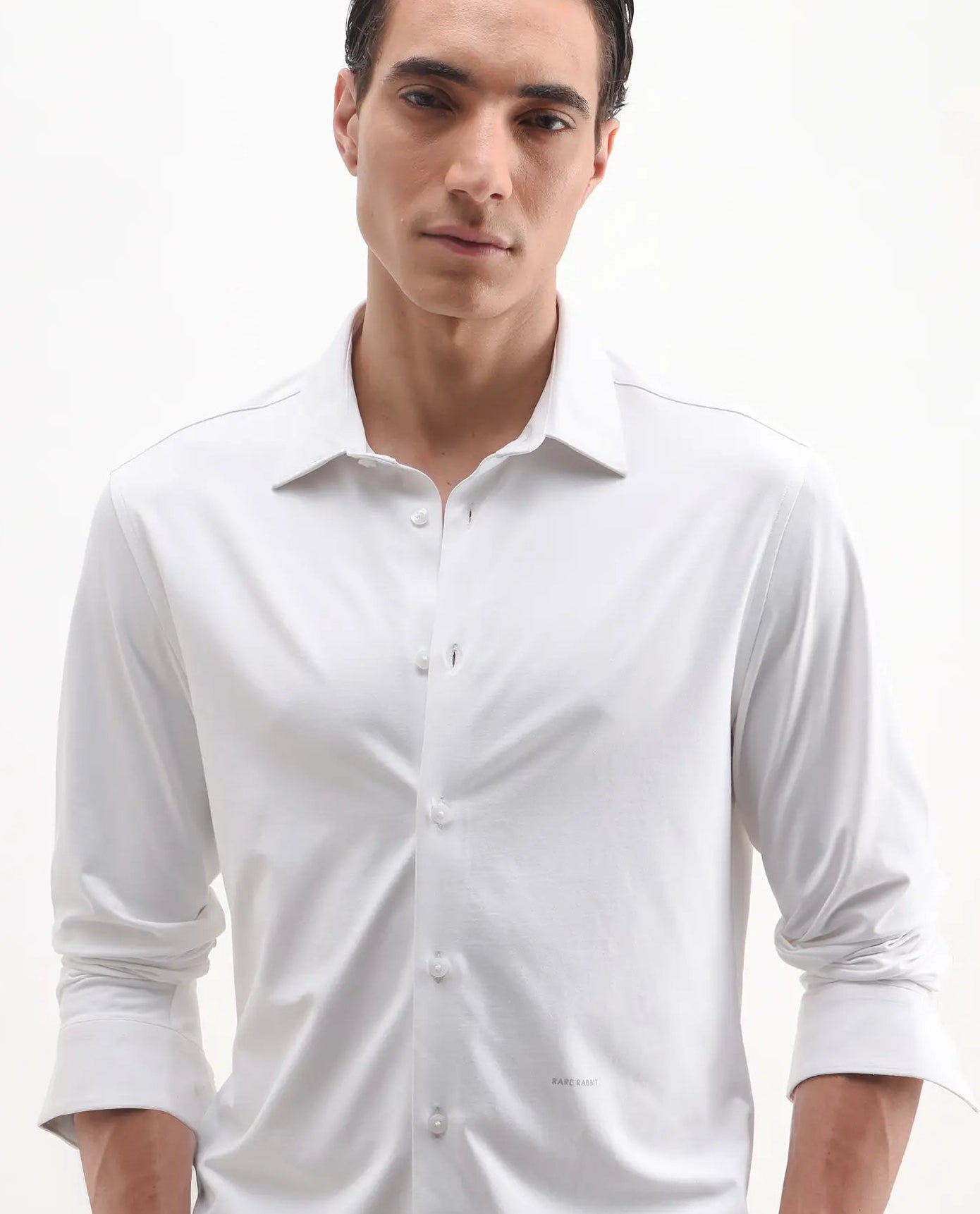Rare Rabbit Men's Tour-25 White Cotton Blend Plain Regular Fit Full Sleeve Collared Shirt