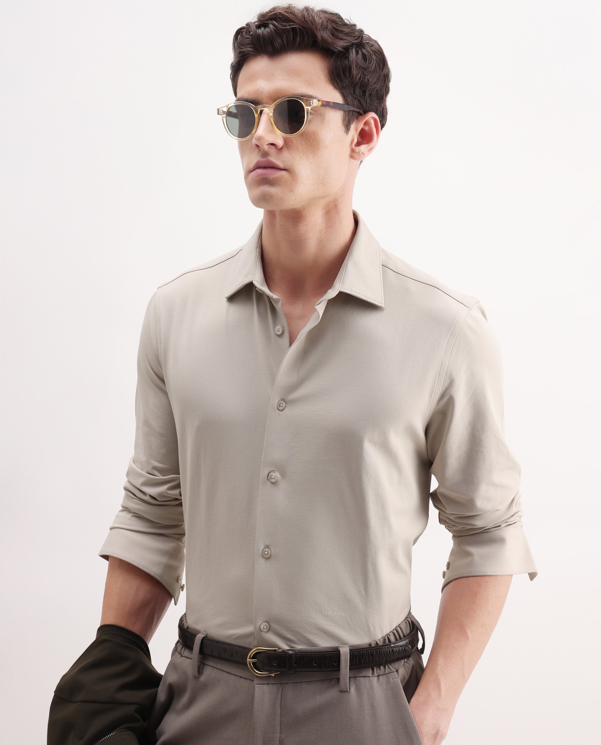 Rare Rabbit Men's Tour Light Beige Cotton Blend Plain Regular Fit Full Sleeve Collared Shirt