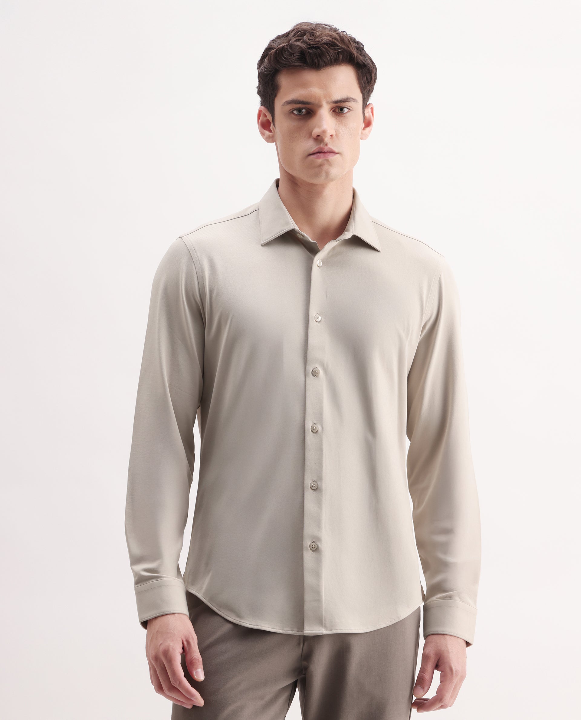 Rare Rabbit Men's Tour Light Beige Cotton Blend Plain Regular Fit Full Sleeve Collared Shirt