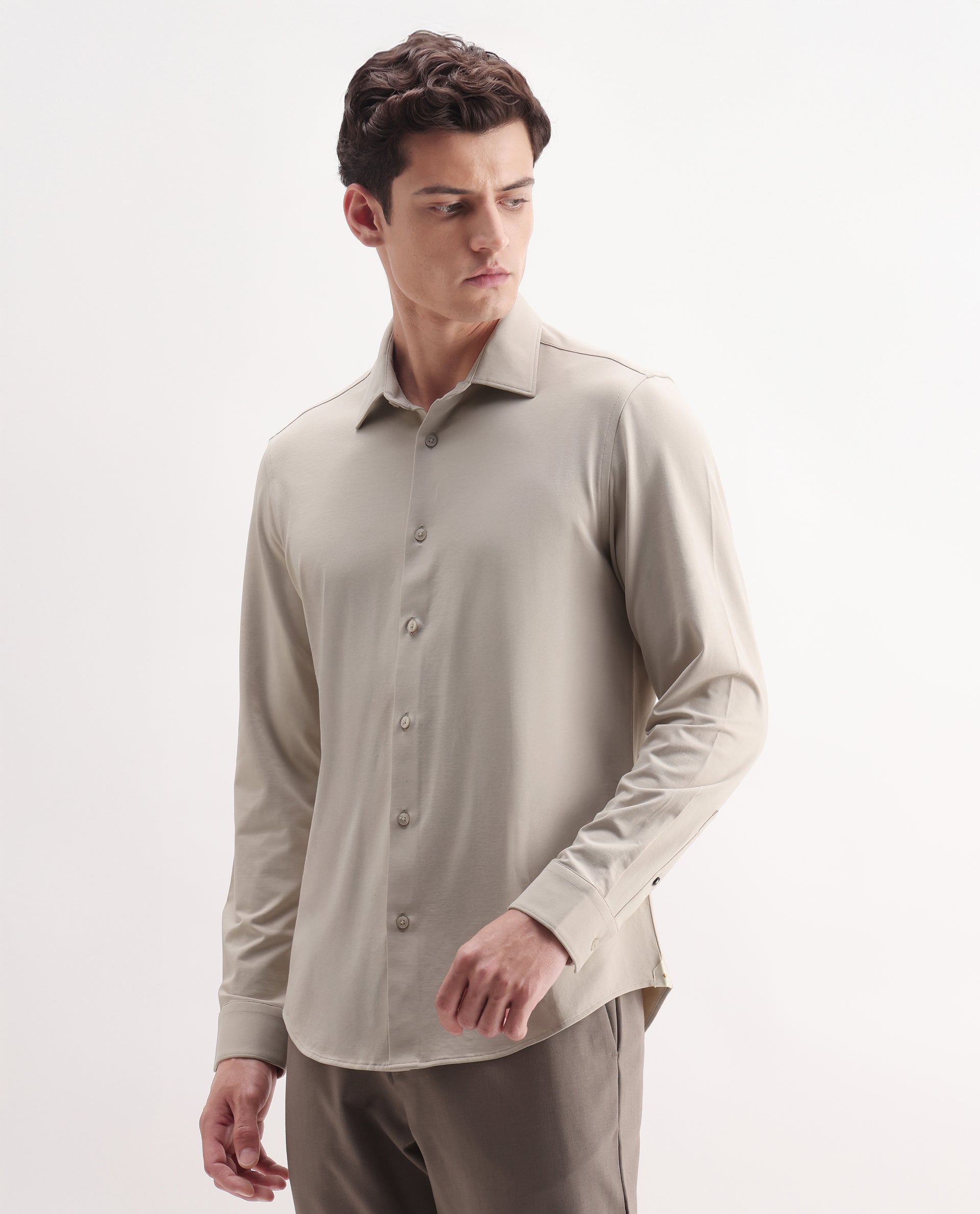 Rare Rabbit Men's Tour Light Beige Cotton Blend Plain Regular Fit Full Sleeve Collared Shirt