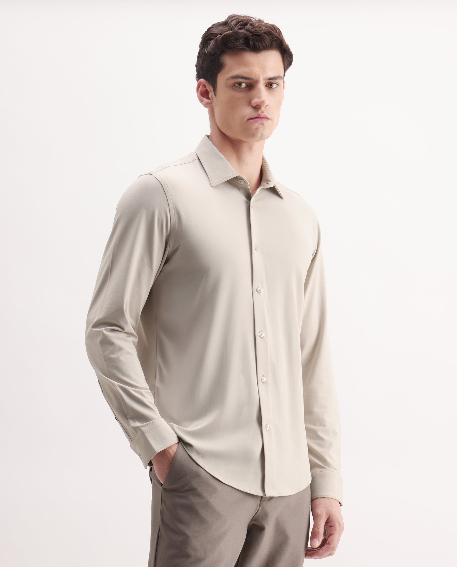 Rare Rabbit Men's Tour Light Beige Cotton Blend Plain Regular Fit Full Sleeve Collared Shirt